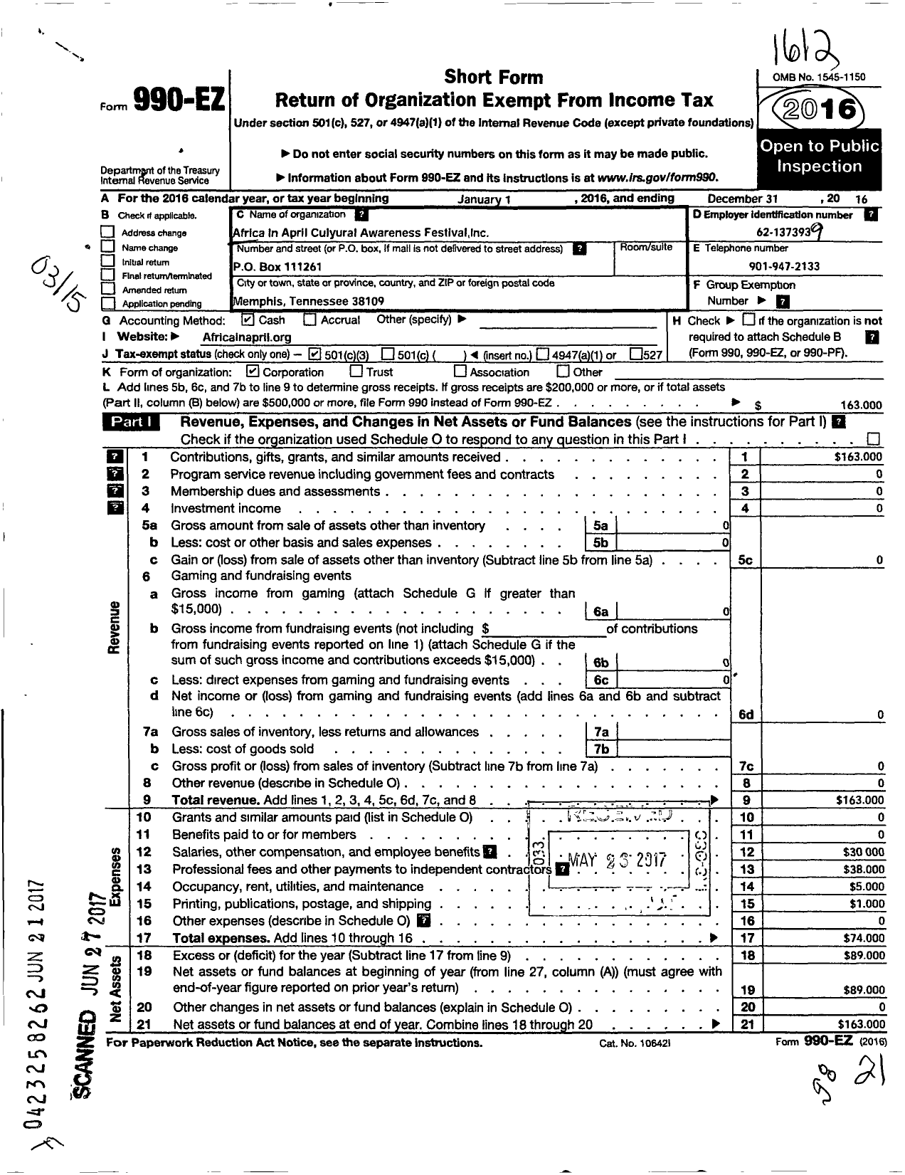 Image of first page of 2016 Form 990EZ for Africa in April Cultural Awareness Committee Incorporated