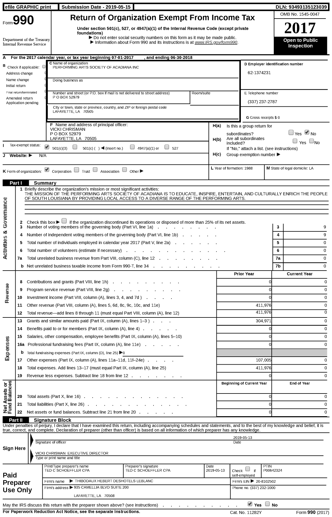 Image of first page of 2017 Form 990 for Performing Arts Society of Acadiana