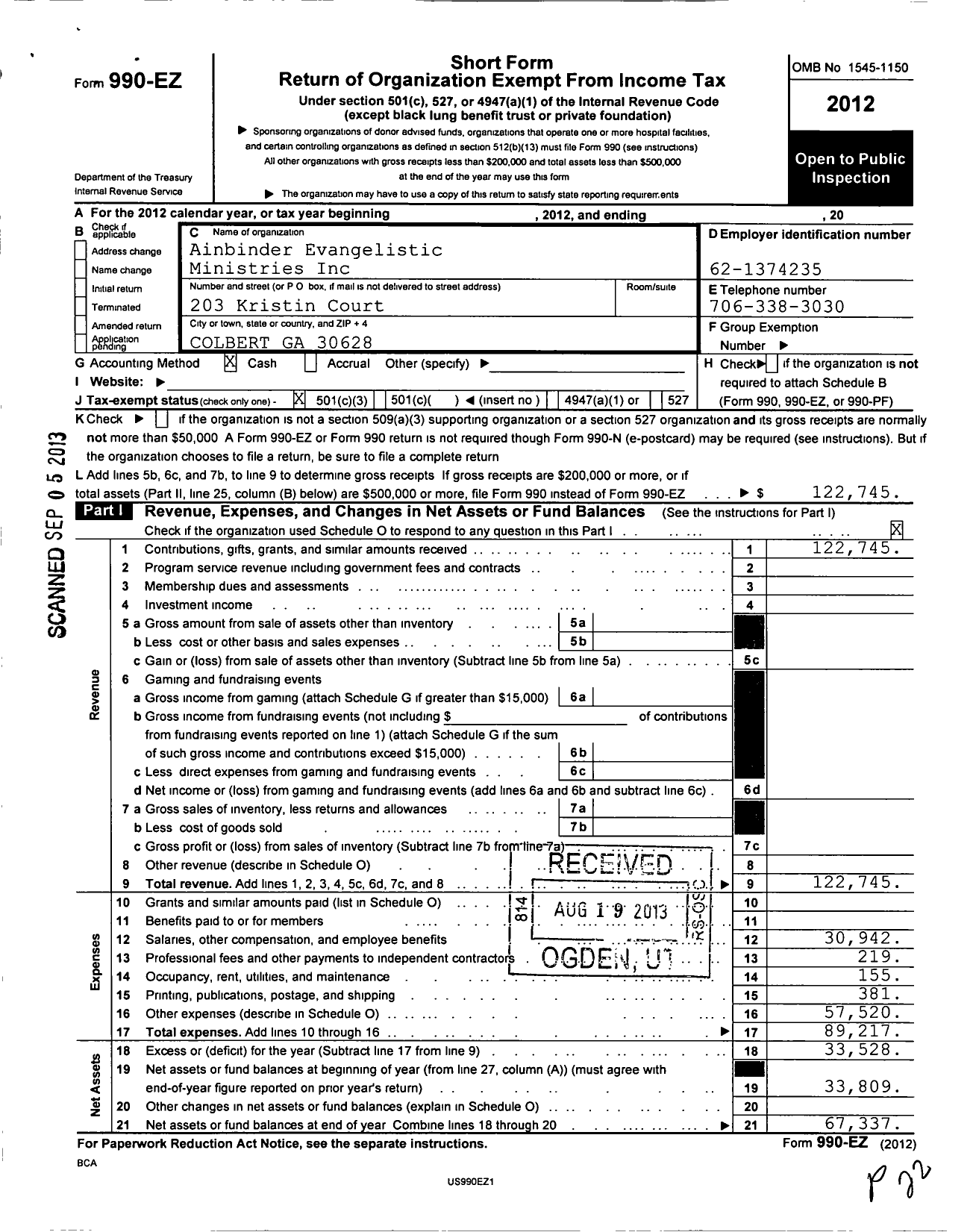 Image of first page of 2012 Form 990EZ for Ainbinder Evangelistic Ministries