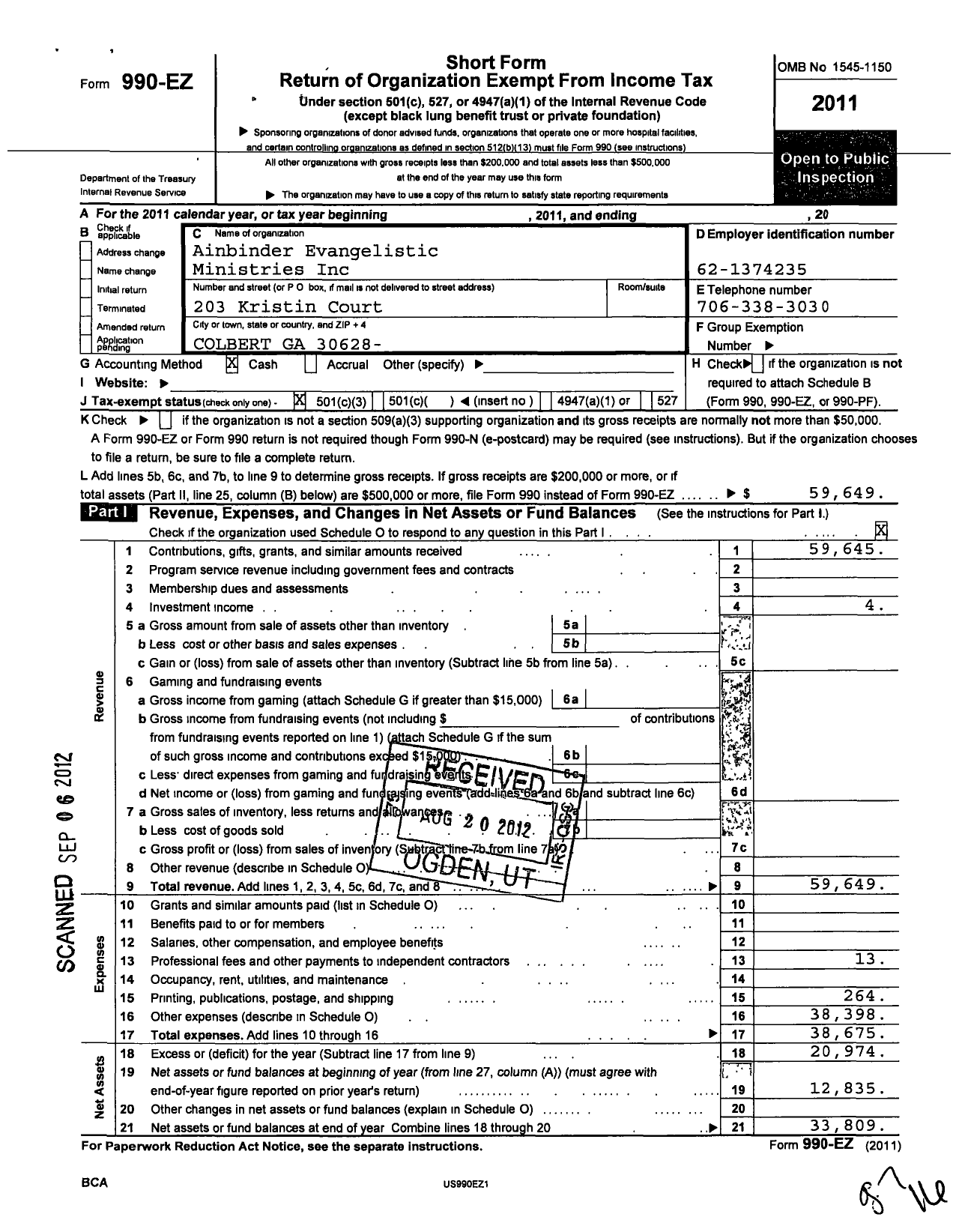 Image of first page of 2011 Form 990EZ for Ainbinder Evangelistic Ministries