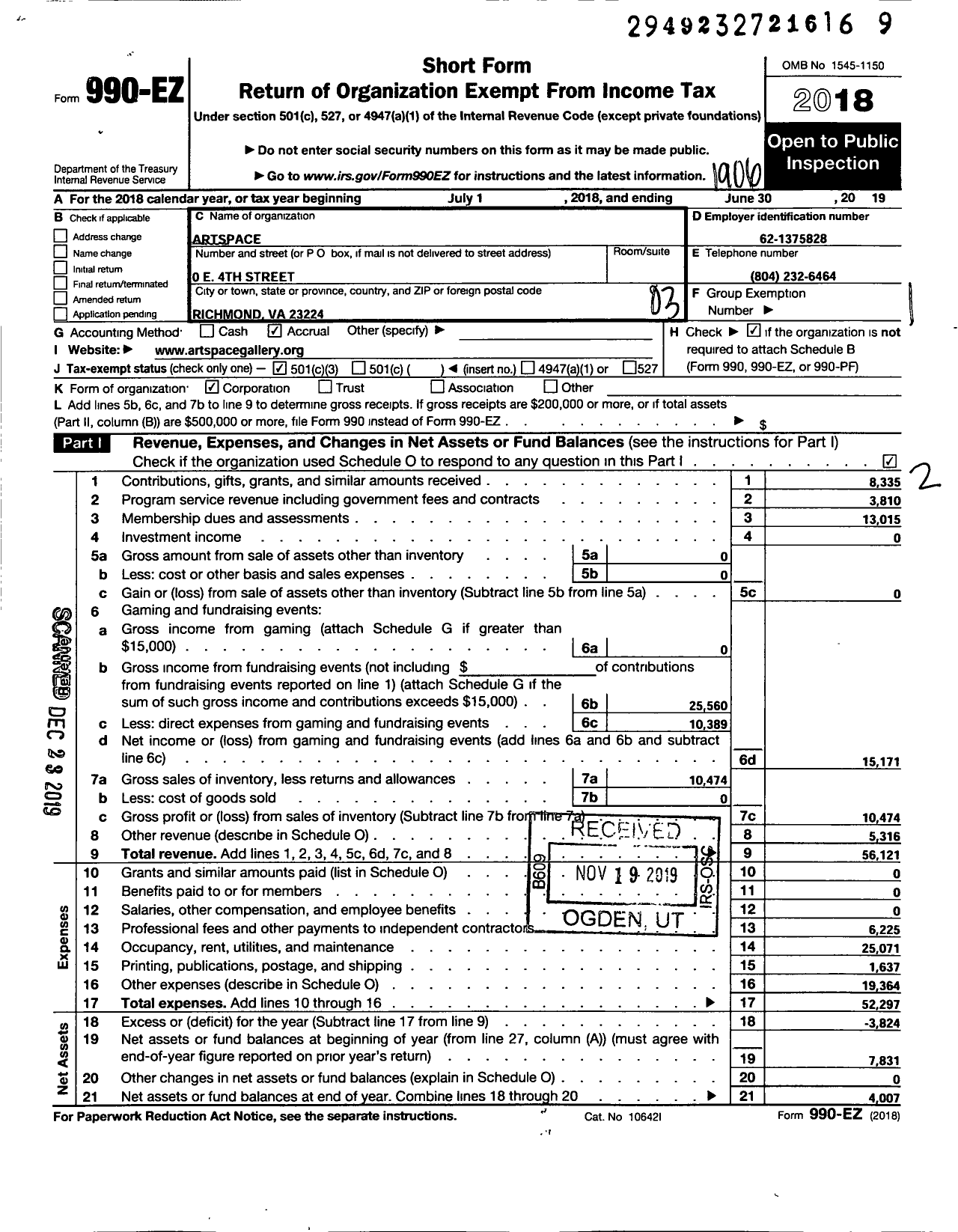 Image of first page of 2018 Form 990EZ for Artspace