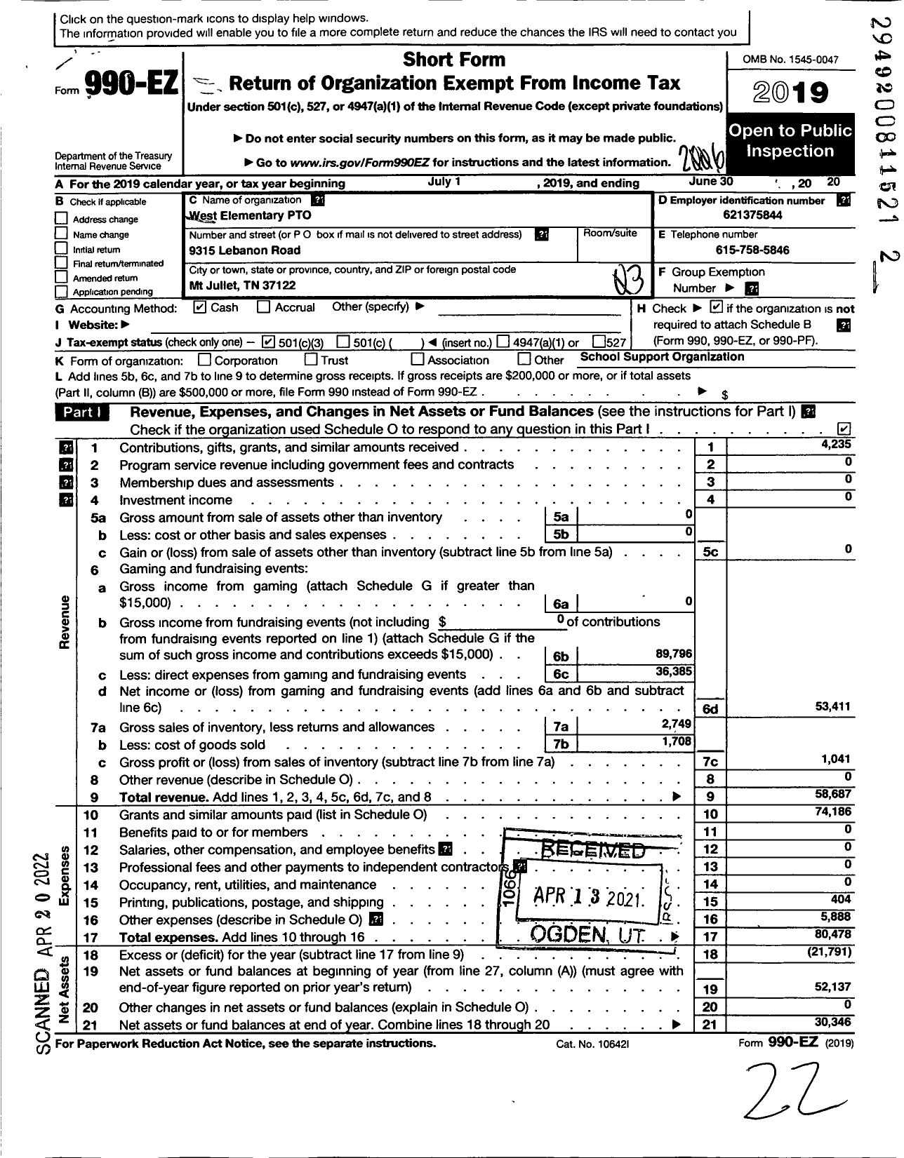 Image of first page of 2019 Form 990EZ for West Elementary Pto