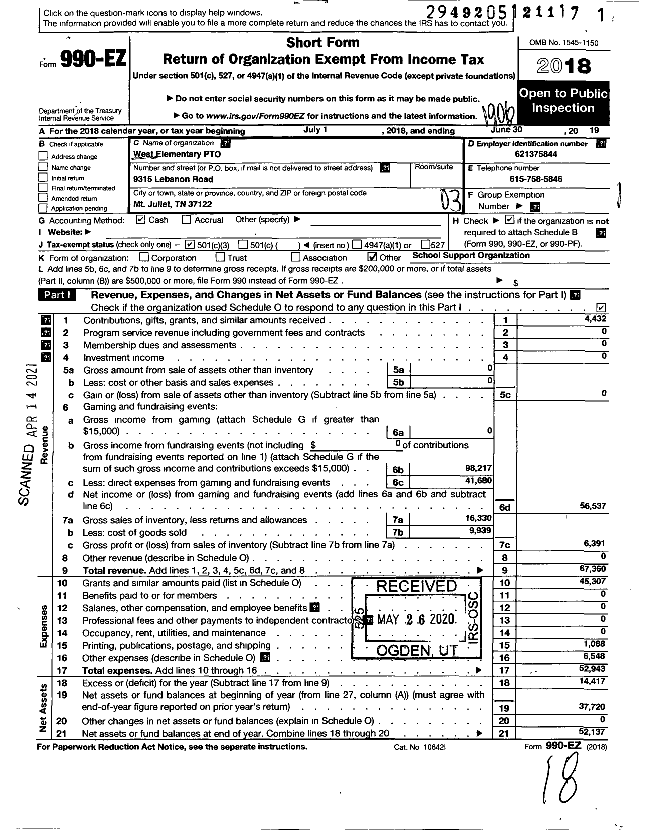 Image of first page of 2018 Form 990EZ for West Elementary Pto