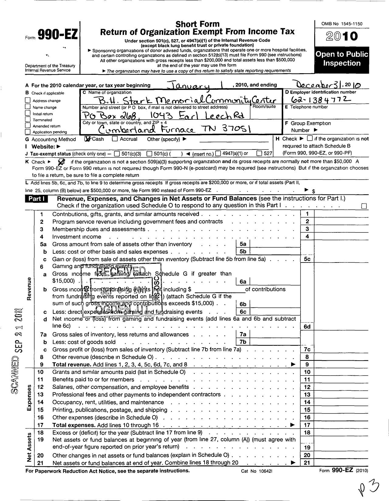 Image of first page of 2010 Form 990EO for B H Stark Memorial Community Center