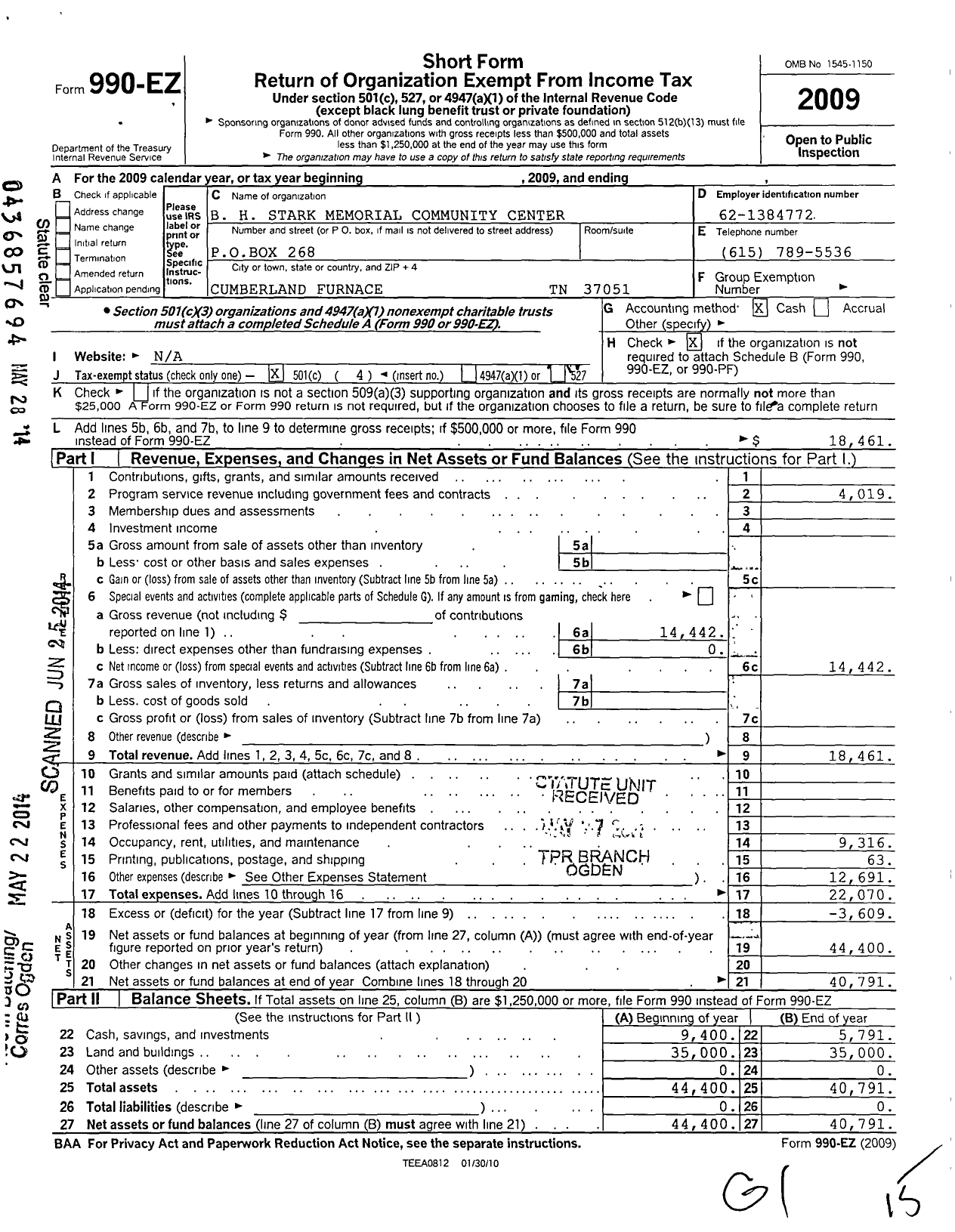 Image of first page of 2009 Form 990EO for B H Stark Memorial Community Center