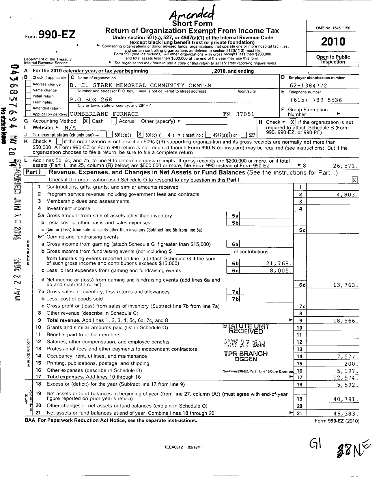 Image of first page of 2010 Form 990EO for B H Stark Memorial Community Center