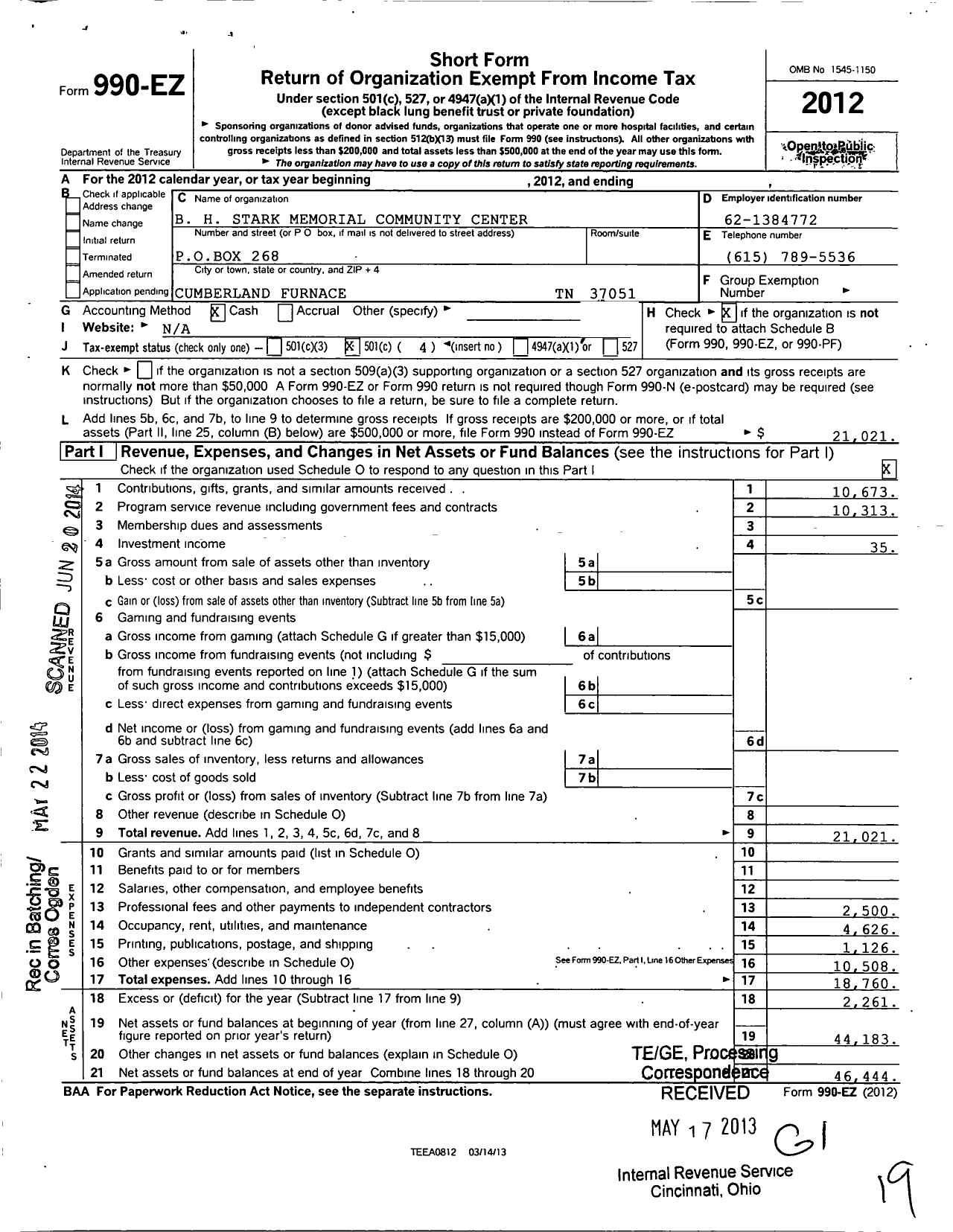 Image of first page of 2012 Form 990EO for B H Stark Memorial Community Center