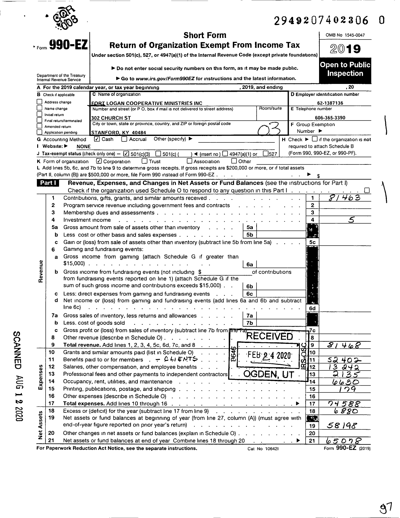 Image of first page of 2019 Form 990EZ for Fort Logan Cooperative Ministries