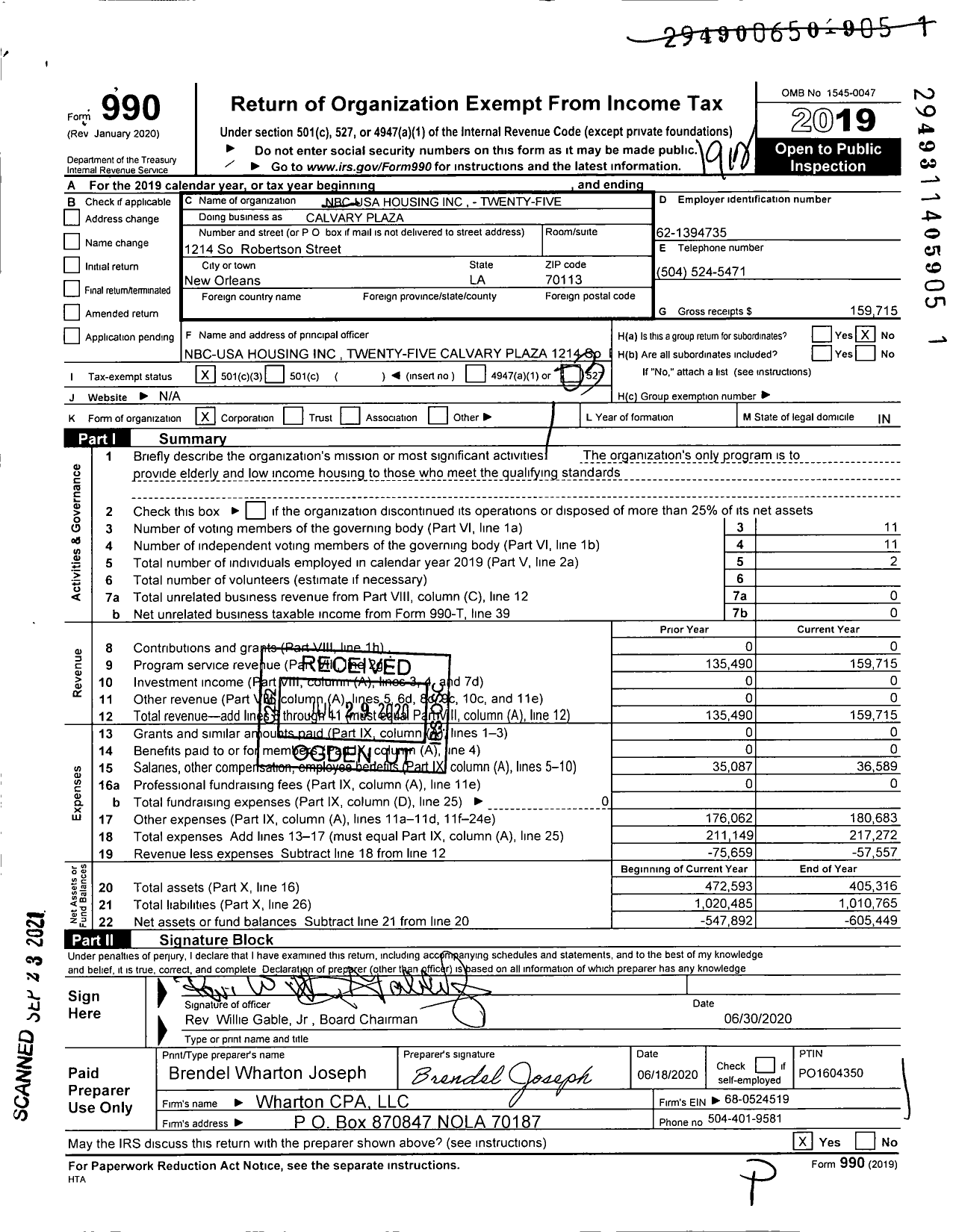 Image of first page of 2019 Form 990 for Nbc-Usa Housing - Twenty-Five