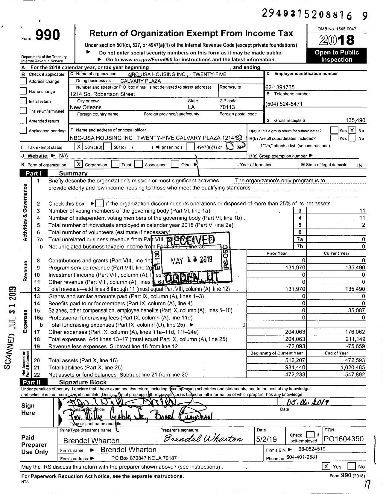 Image of first page of 2018 Form 990 for Nbc-Usa Housing - Twenty-Five