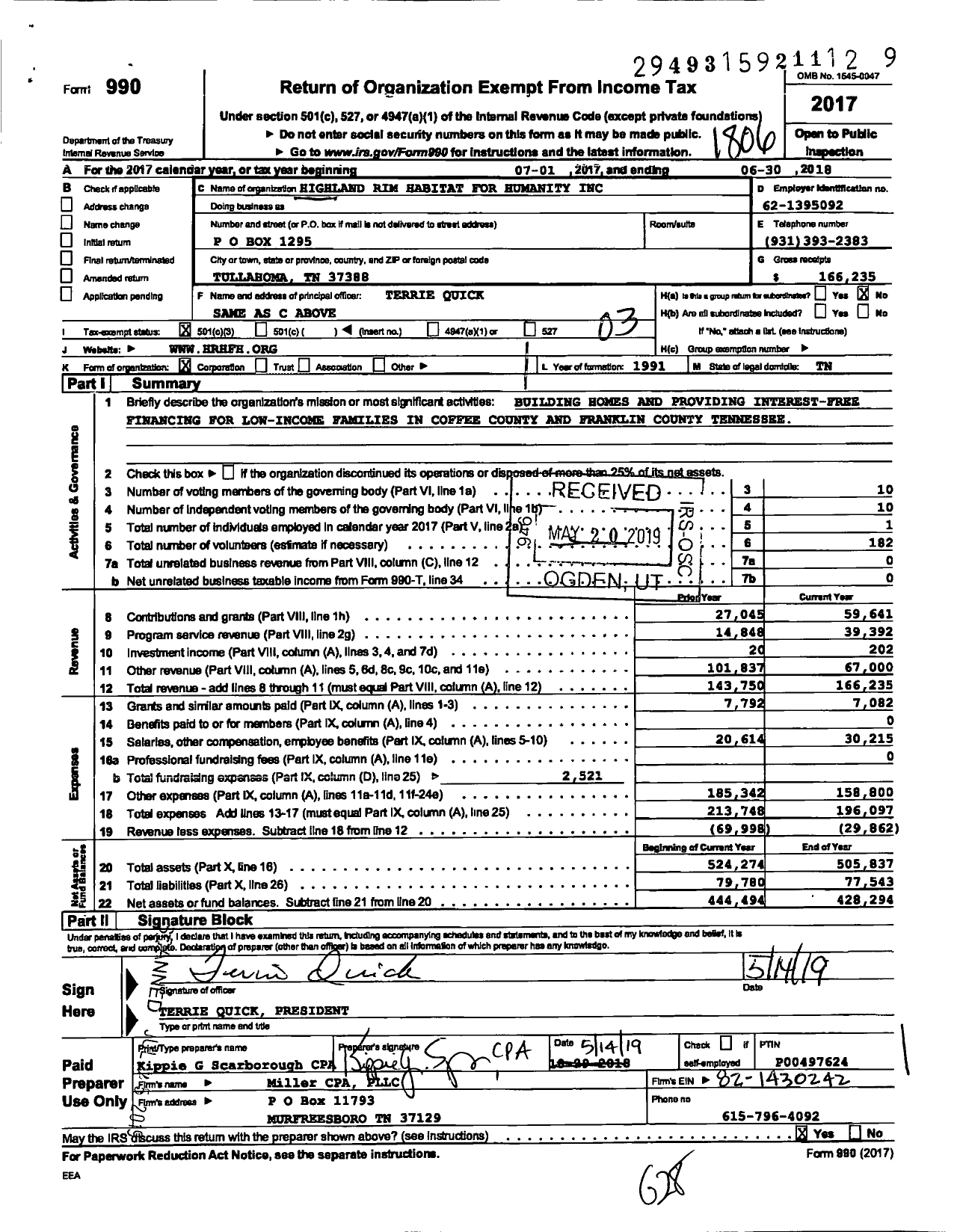 Image of first page of 2017 Form 990 for Habitat for Humanity - Highland Rim