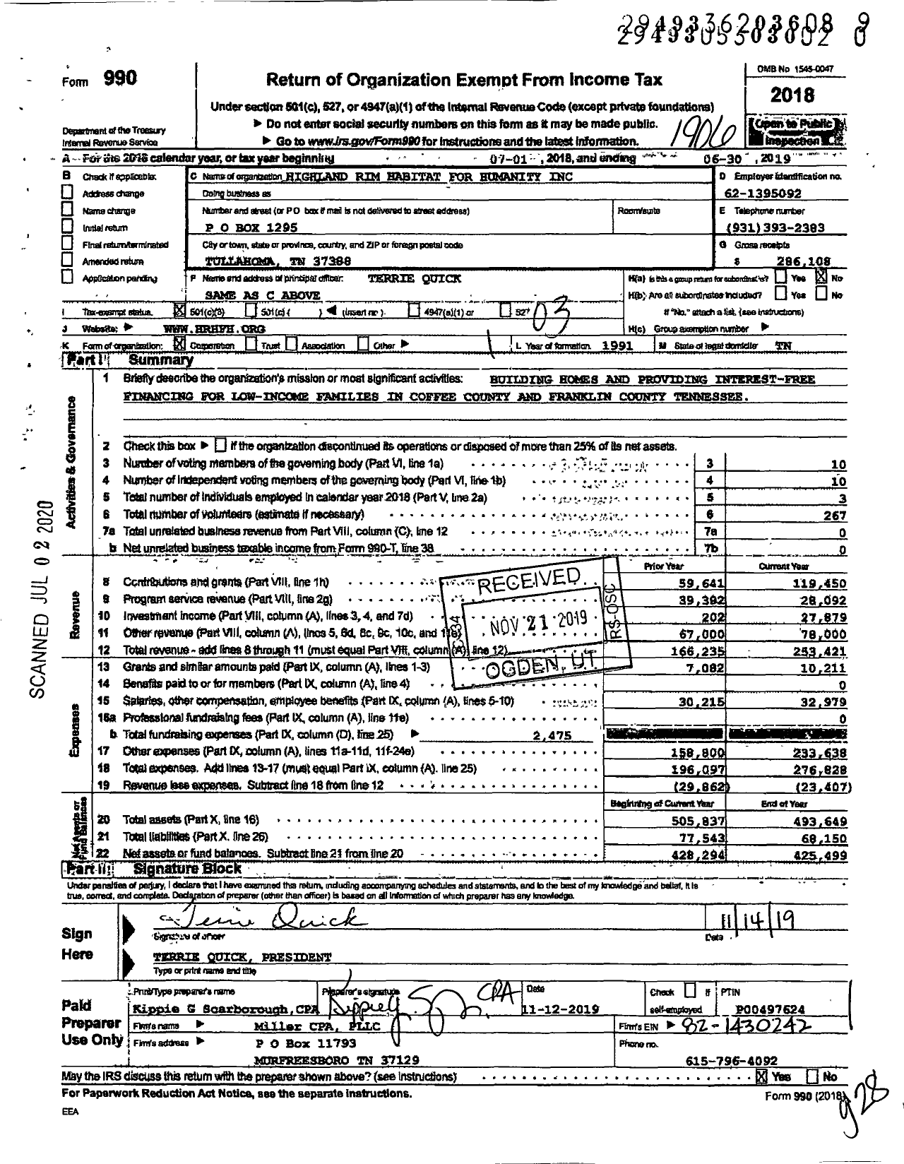 Image of first page of 2018 Form 990 for Habitat for Humanity - Highland Rim