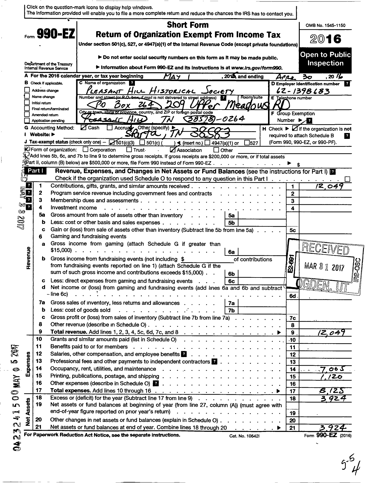 Image of first page of 2015 Form 990EZ for Pleasant Hill Historical Society of the Cumberlands