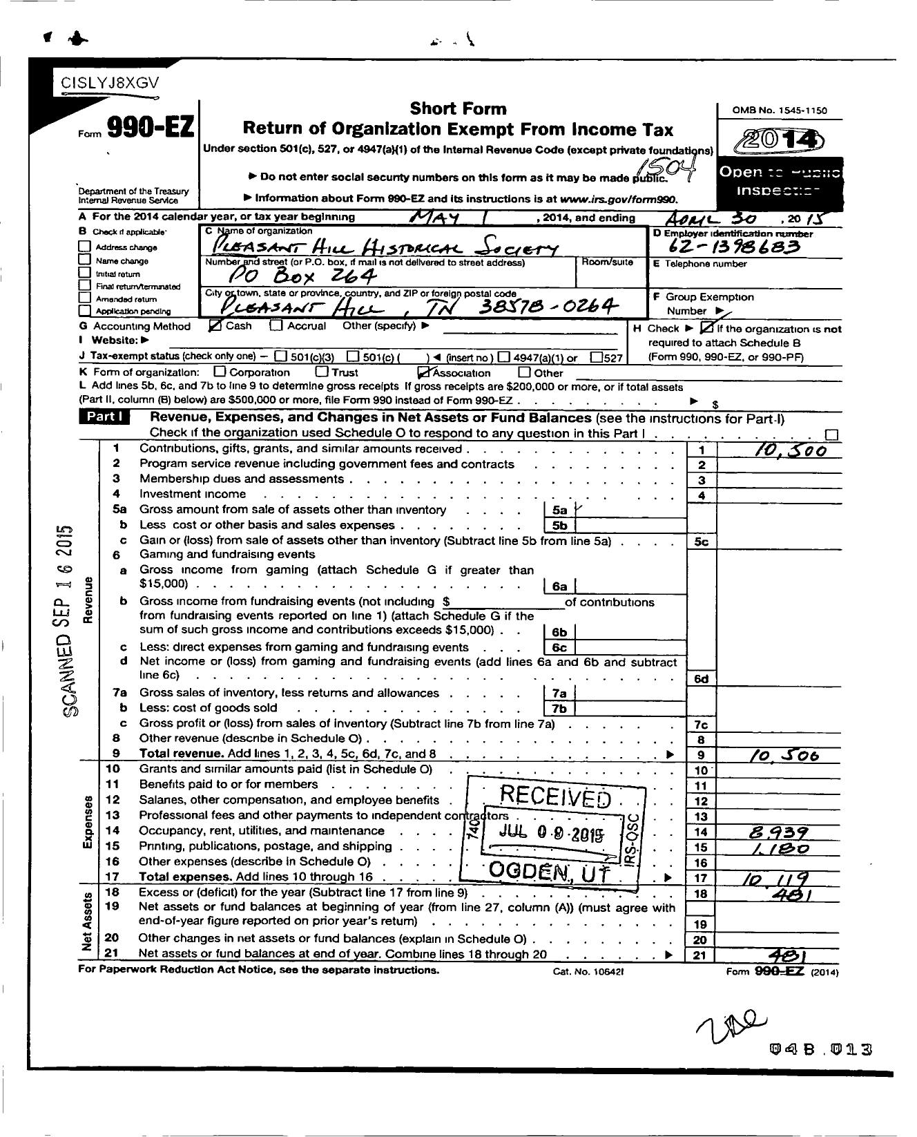 Image of first page of 2014 Form 990EO for Pleasant Hill Historical Society of the Cumberlands