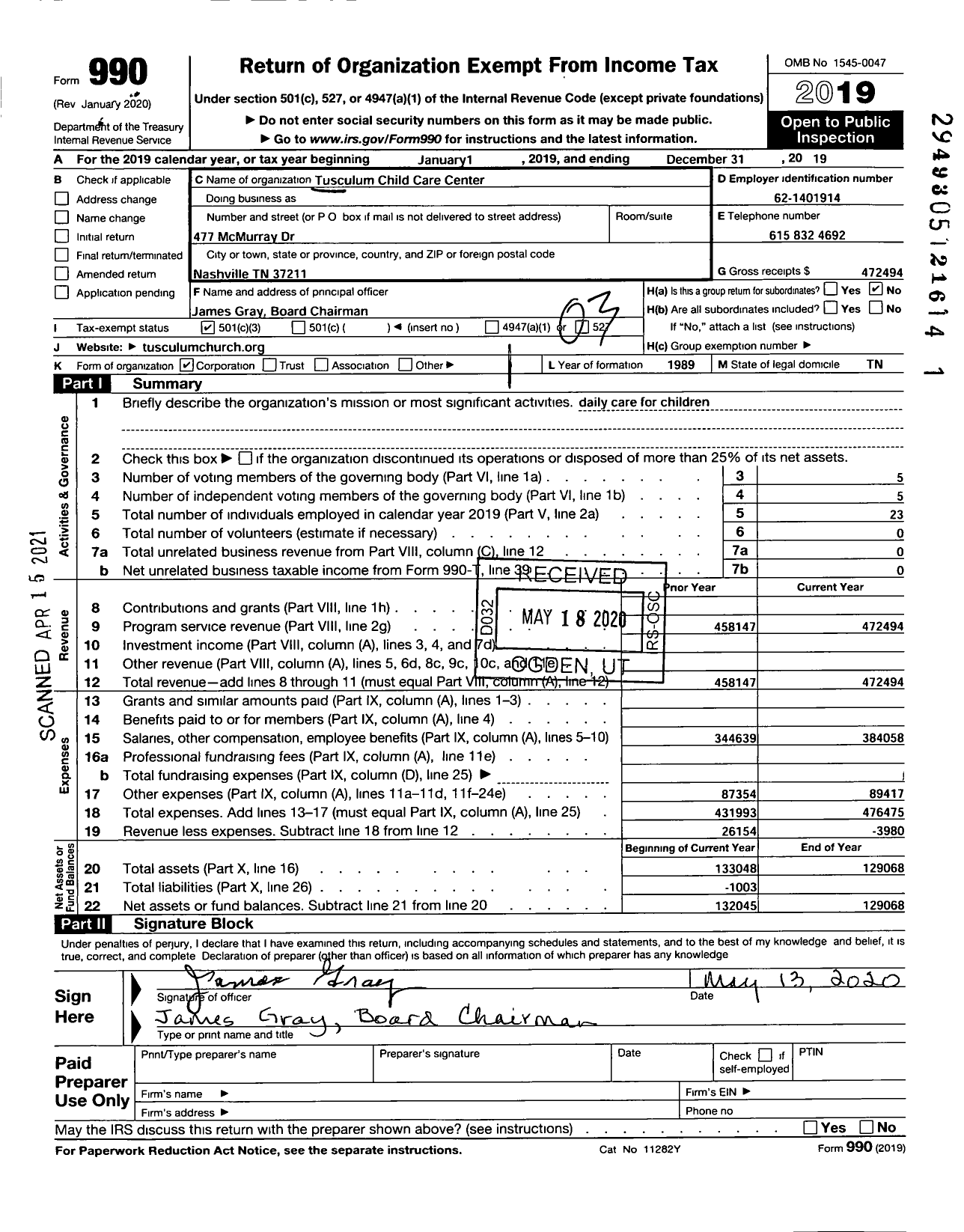 Image of first page of 2019 Form 990 for Tusculum Child Care Center