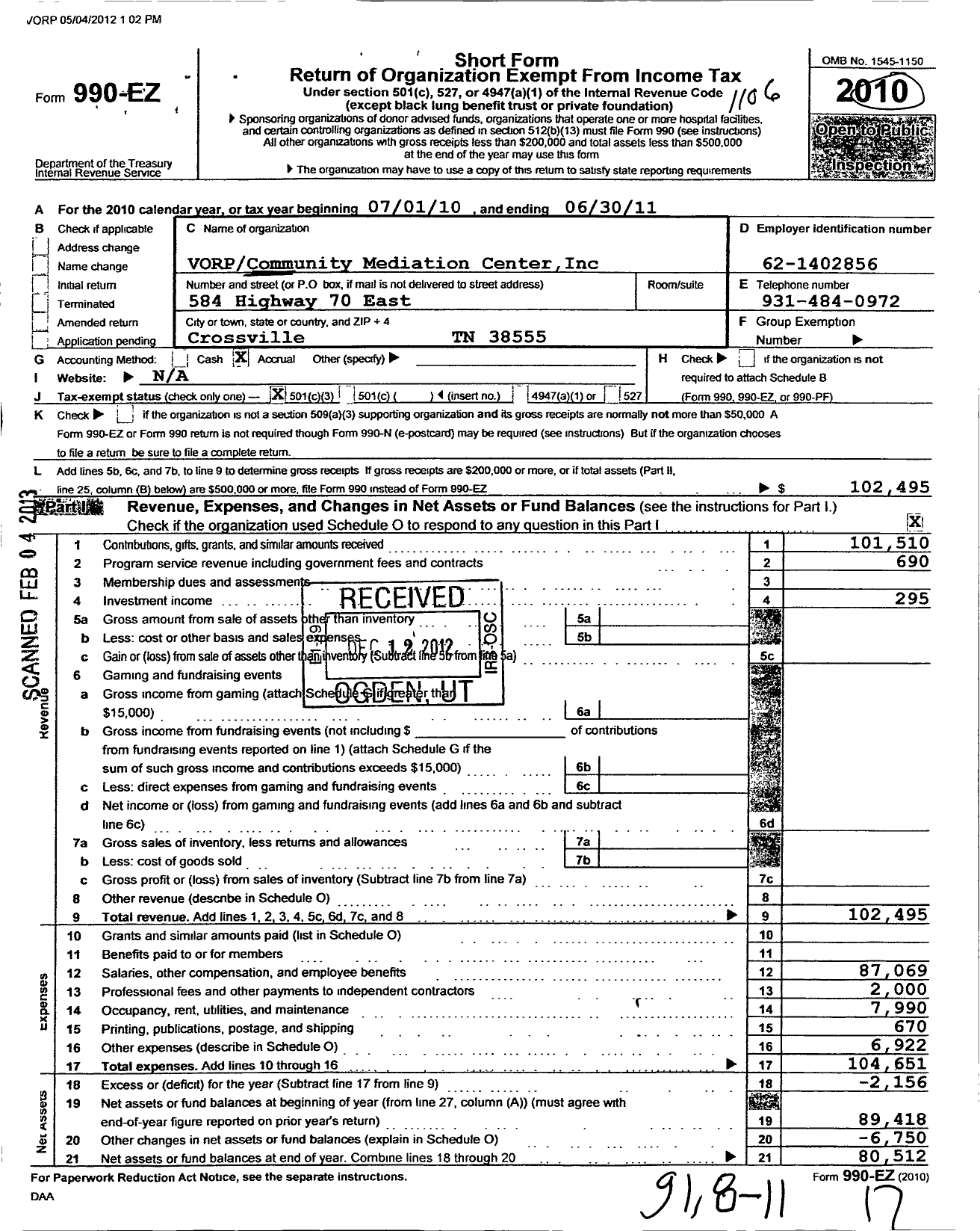 Image of first page of 2010 Form 990EZ for VORP Community Mediation Center