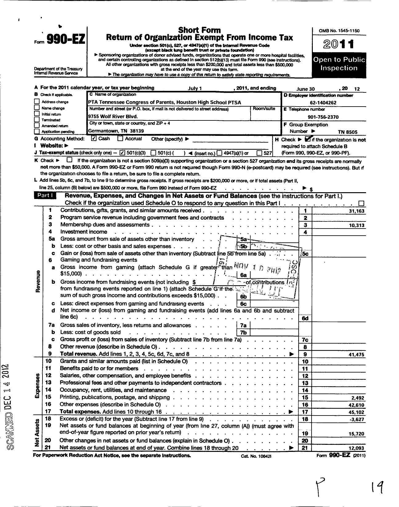 Image of first page of 2011 Form 990EZ for PTA Tennessee Congress of Parents and Teachers / Houston High School Ptsa