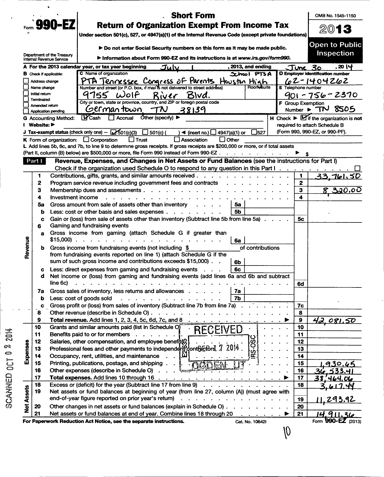 Image of first page of 2013 Form 990EZ for PTA Tennessee Congress of Parents and Teachers / Houston High School Ptsa