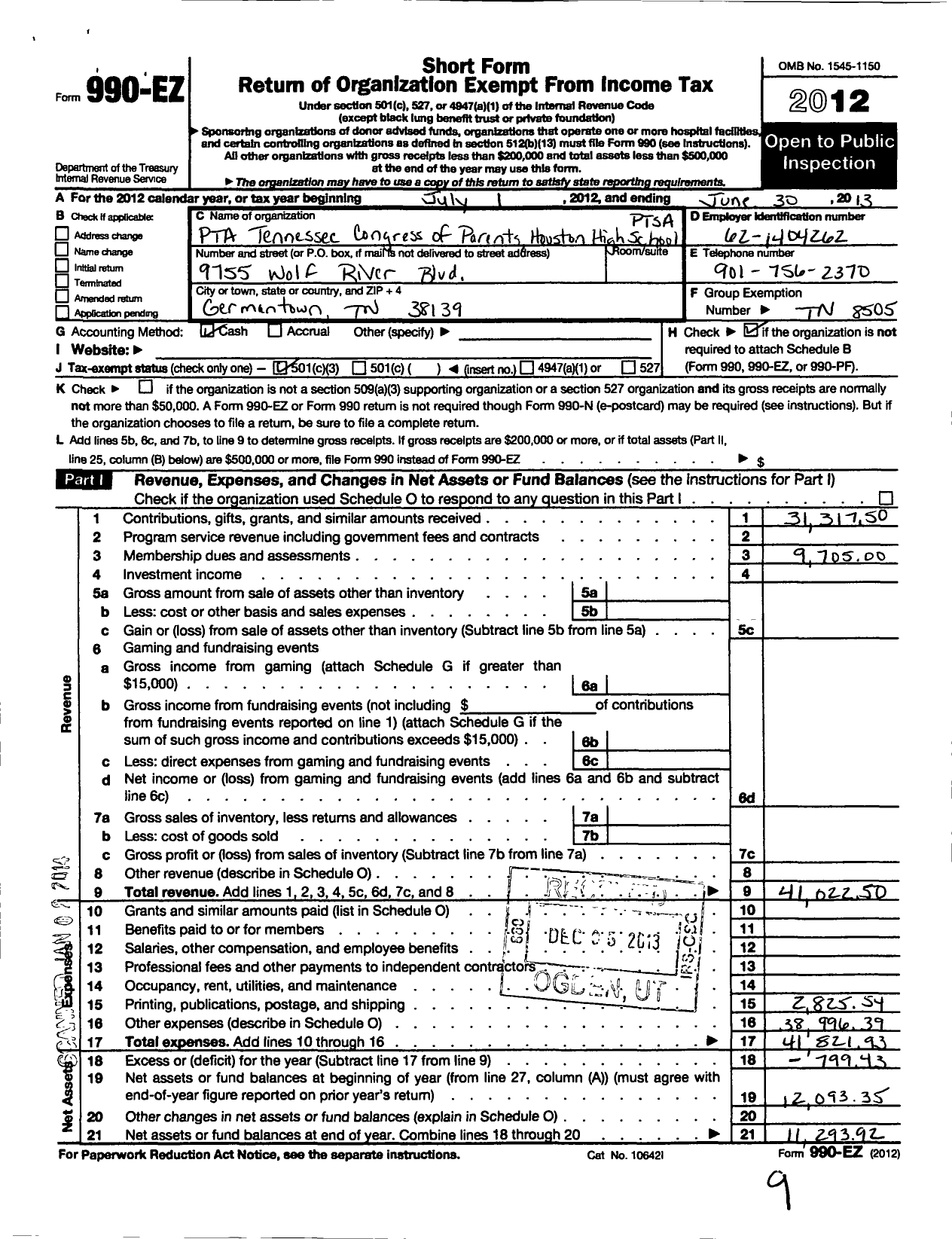 Image of first page of 2012 Form 990EZ for PTA Tennessee Congress of Parents and Teachers / Houston High School Ptsa