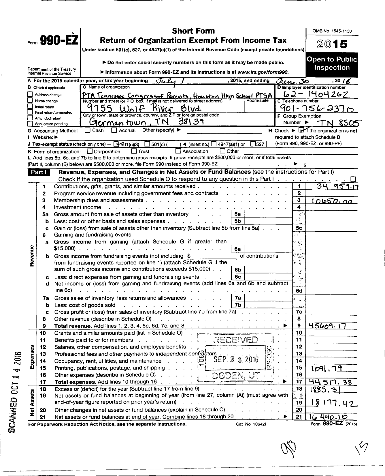 Image of first page of 2015 Form 990EZ for PTA Tennessee Congress of Parents and Teachers / Houston High School Ptsa