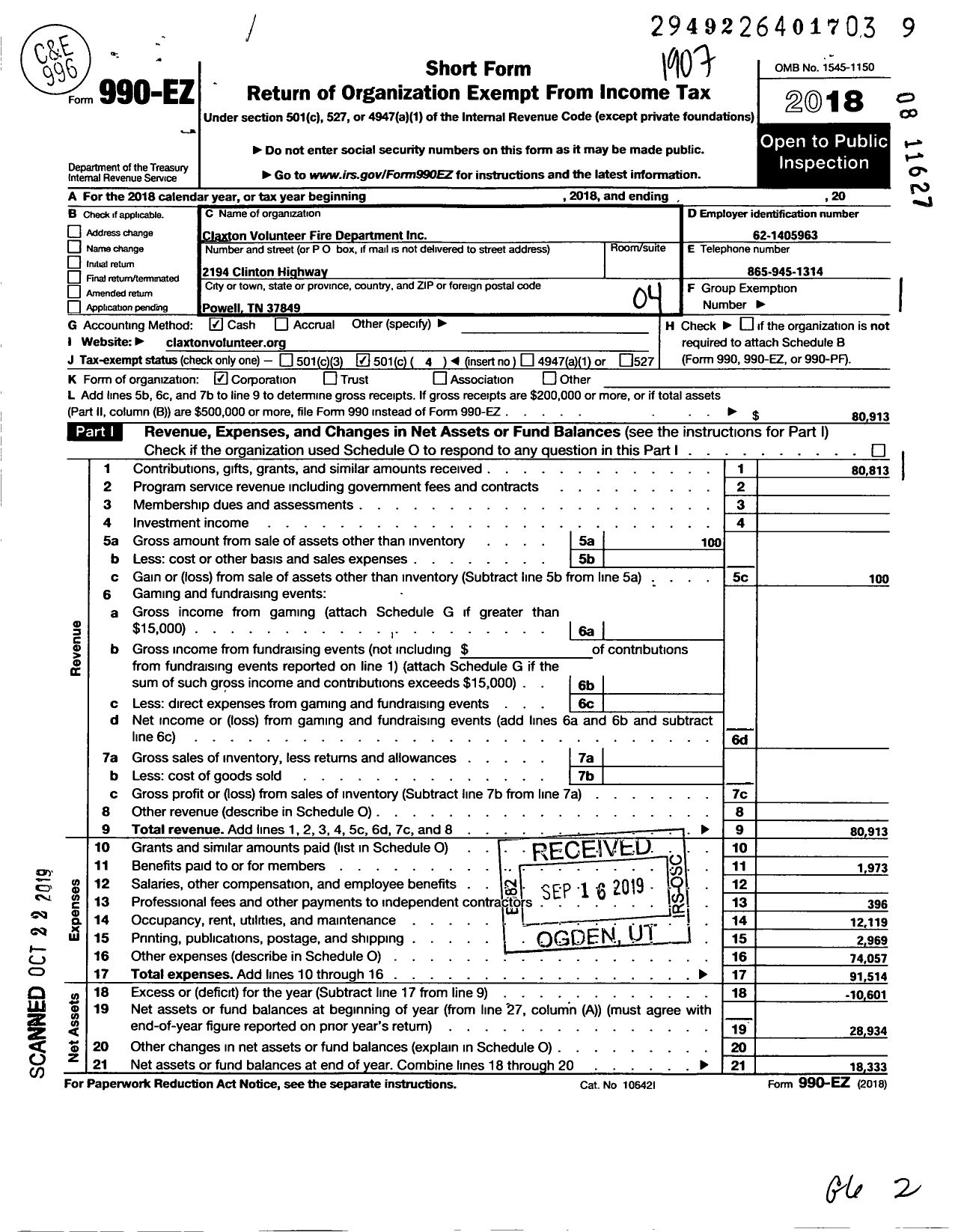 Image of first page of 2018 Form 990EO for Claxton Volunteer Fire Department