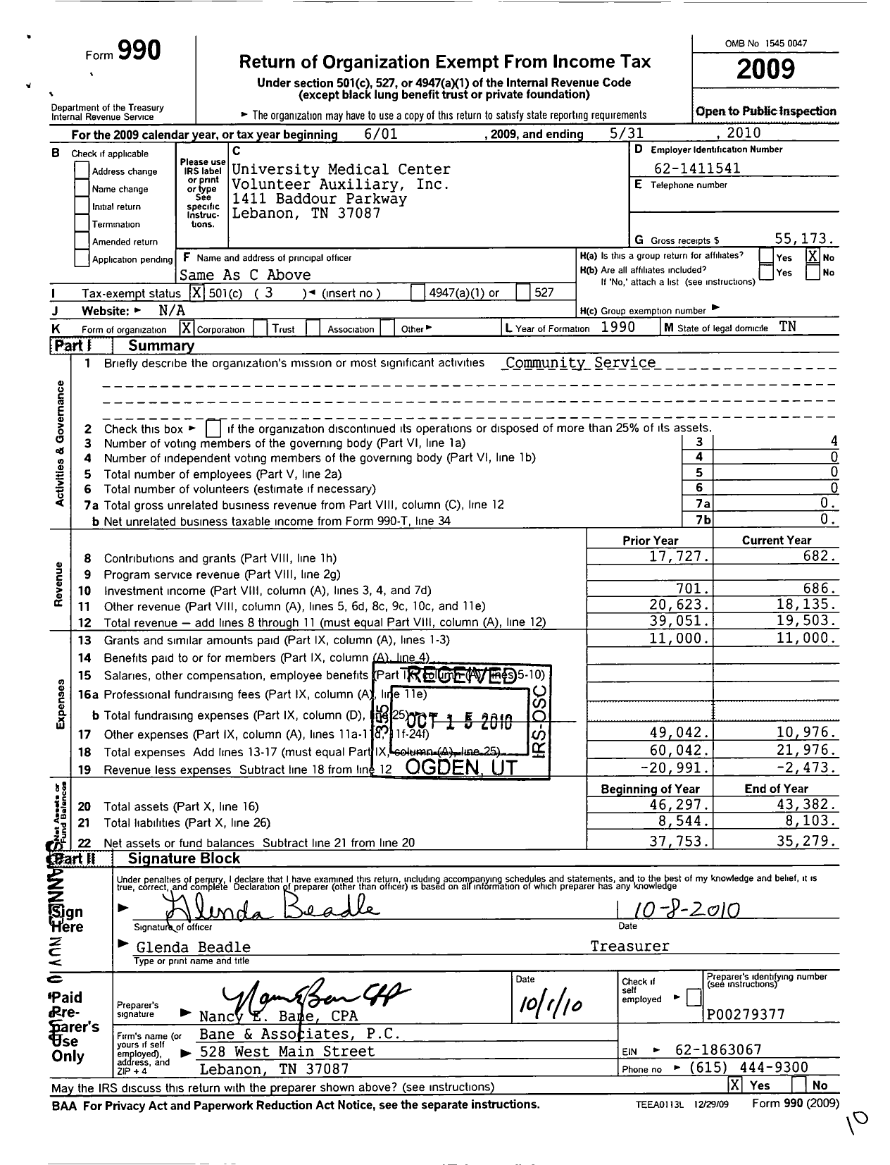 Image of first page of 2009 Form 990 for Wilson County Hospital Volunteer Auxiliary