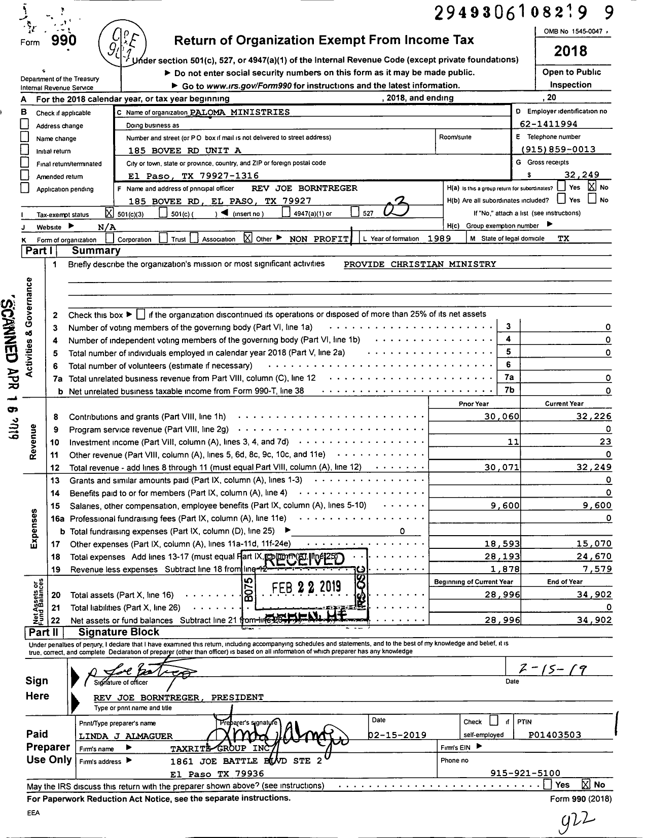 Image of first page of 2018 Form 990 for Paloma Ministries