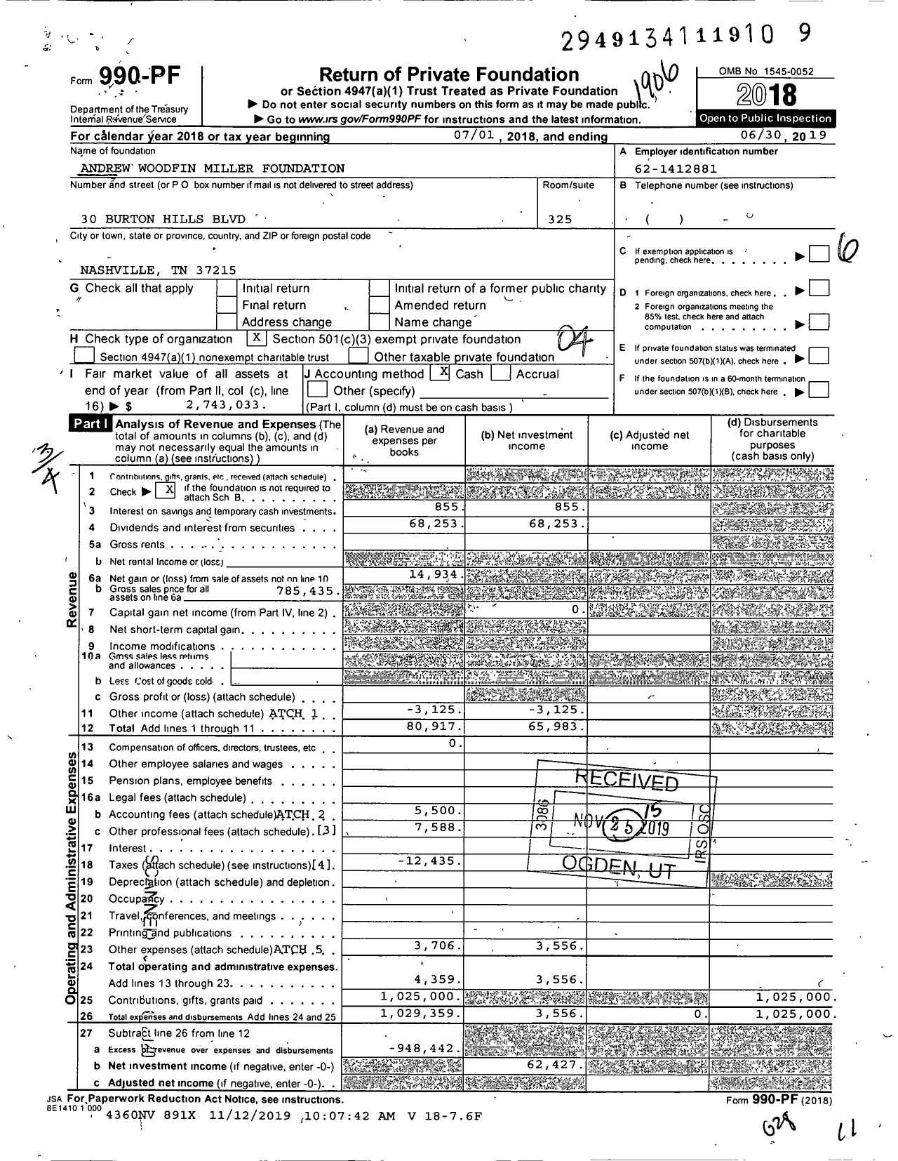 Image of first page of 2018 Form 990PF for Andrew Woodfin Miller Foundation