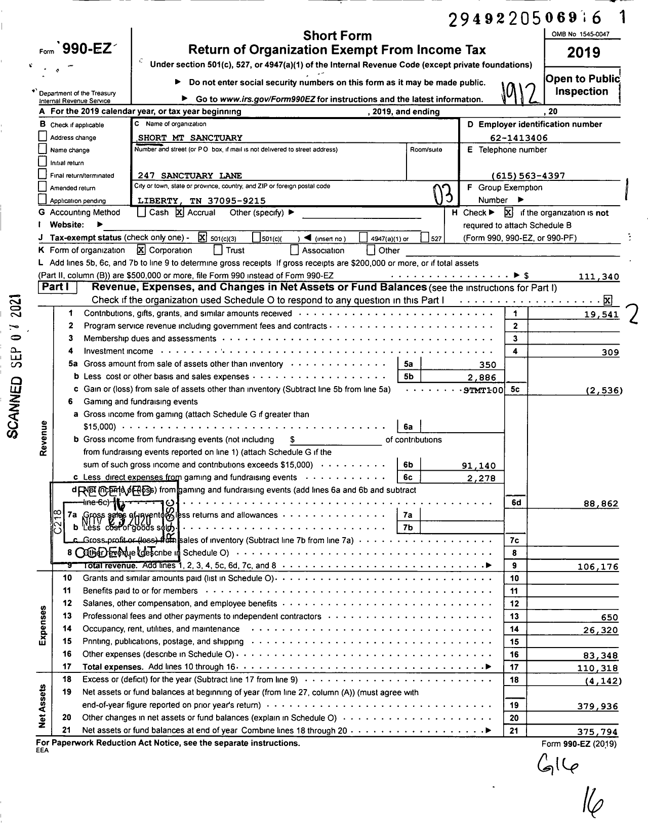 Image of first page of 2019 Form 990EZ for Short MT Sanctuary