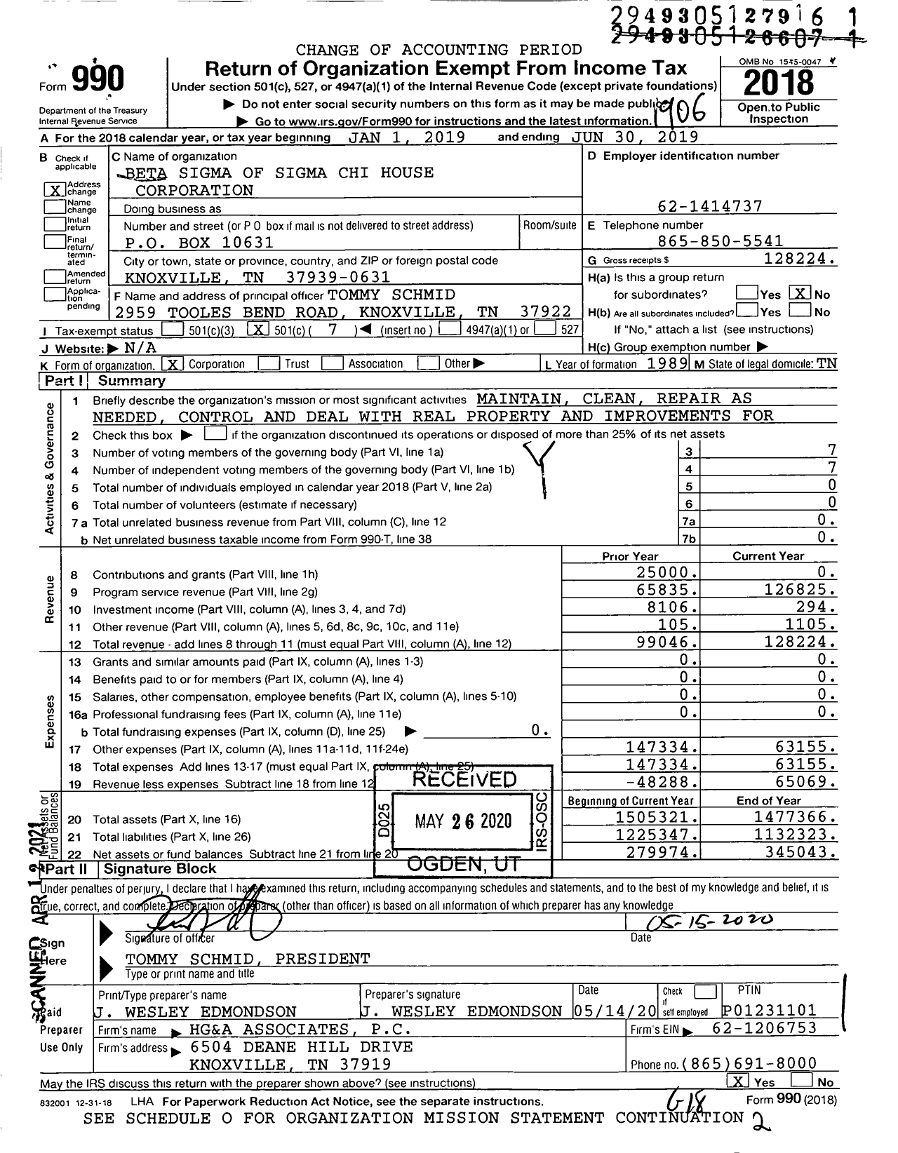 Image of first page of 2018 Form 990O for Beta Sigma of Sigma Chi House Corporation