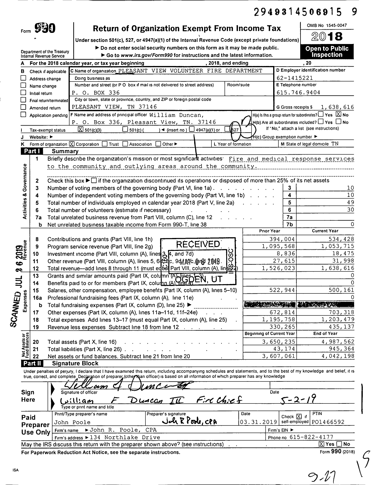 Image of first page of 2018 Form 990 for Pleasant View Volunteer Fire Department
