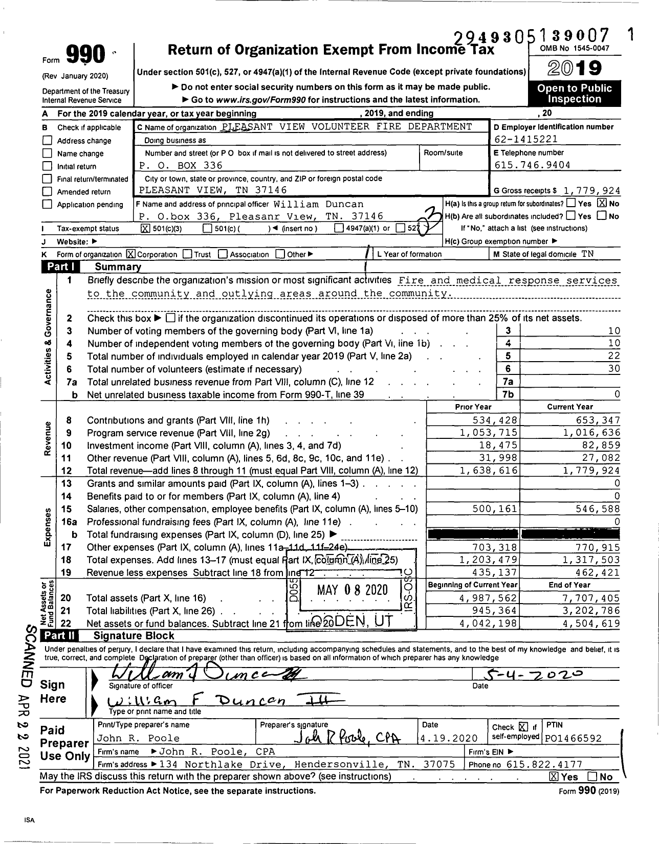 Image of first page of 2019 Form 990 for Pleasant View Volunteer Fire Department