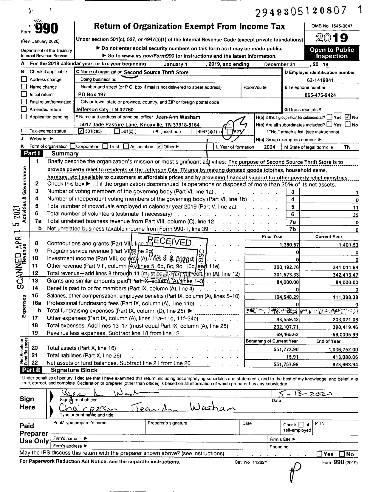 Image of first page of 2019 Form 990 for Second Source Thrift Store