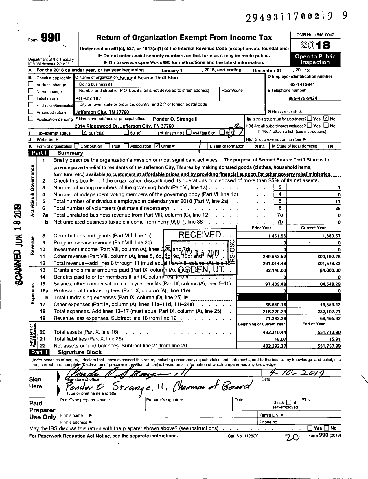 Image of first page of 2018 Form 990 for Second Source Thrift Store