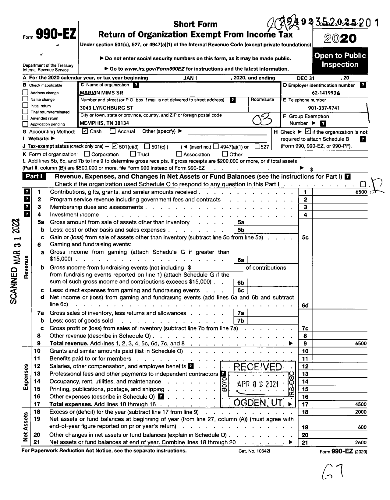 Image of first page of 2020 Form 990EZ for Bold O L D Brothers