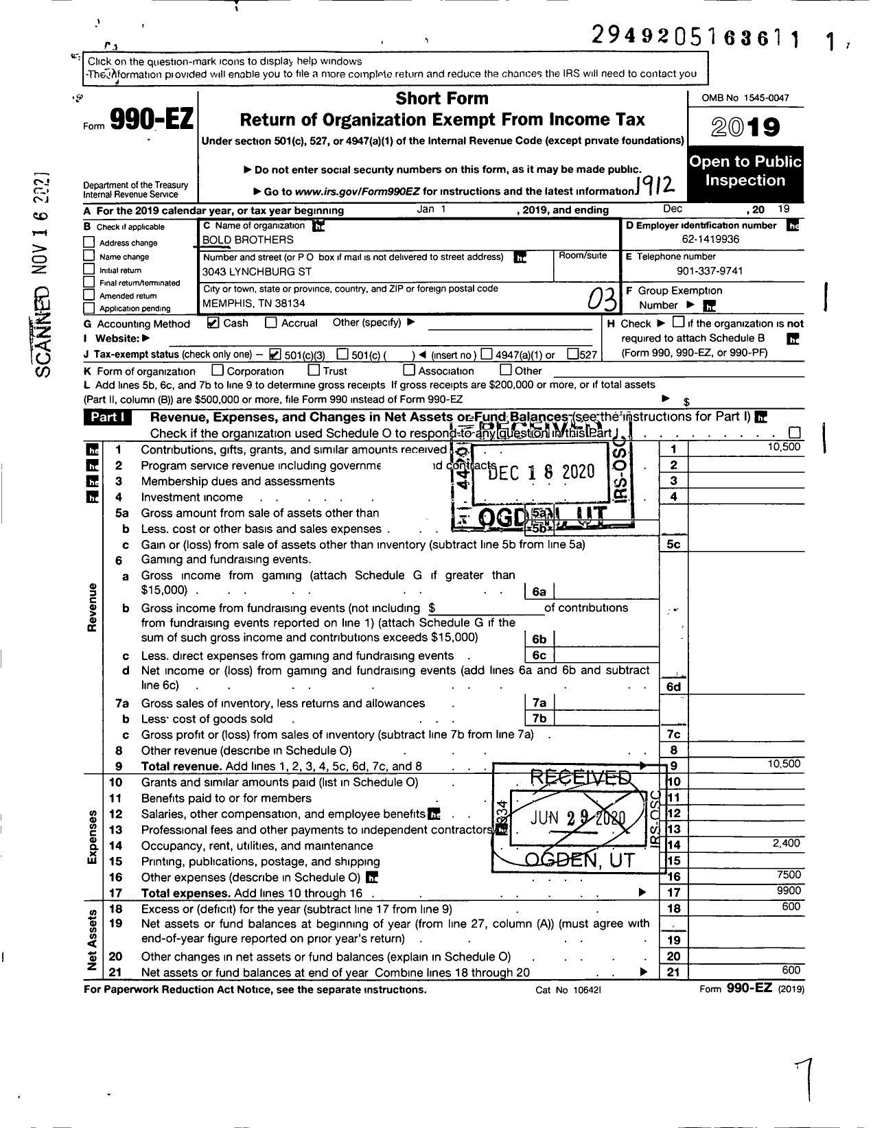 Image of first page of 2019 Form 990EZ for Bold O L D Brothers