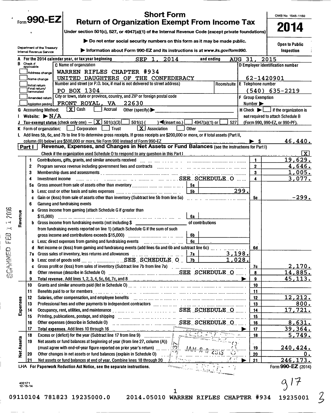 Image of first page of 2014 Form 990EZ for Warren Rifles Chapter 934 United Daughters of the Confederacy