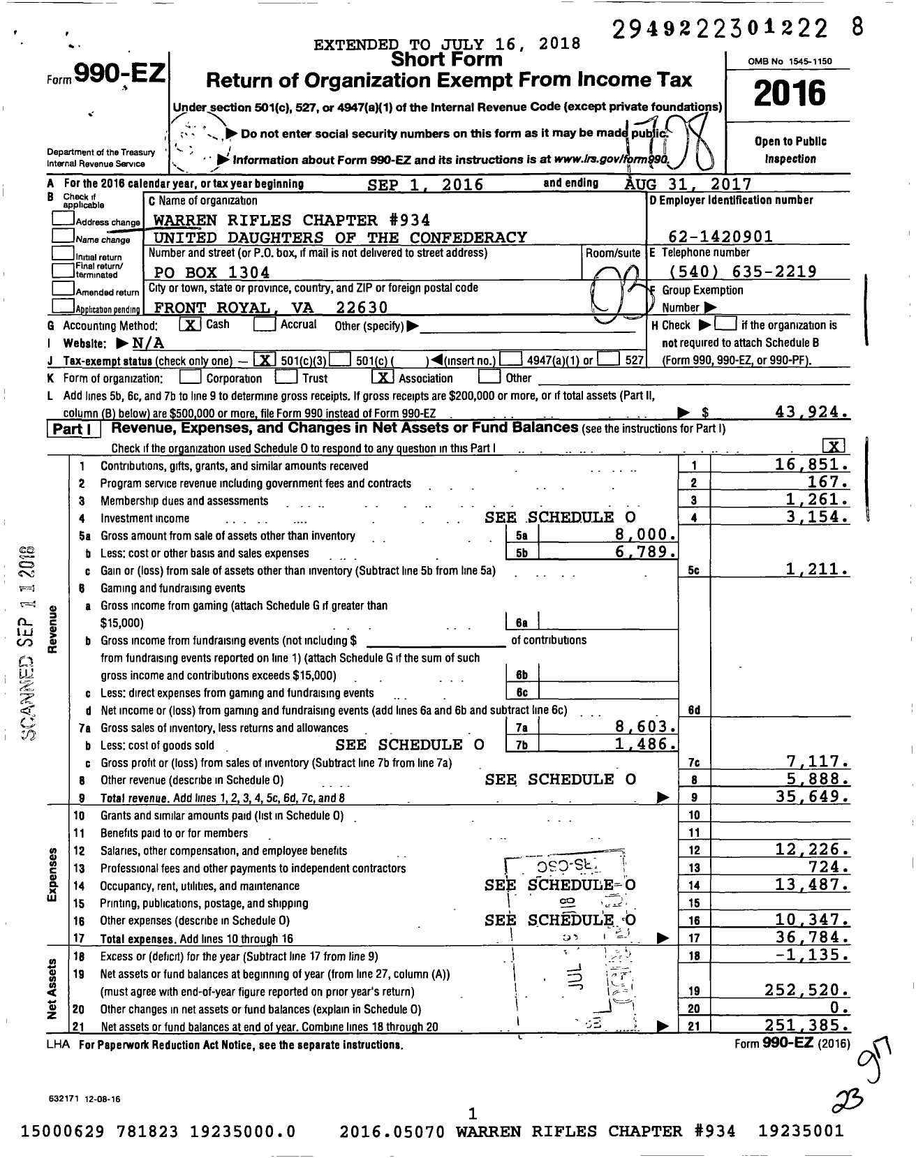 Image of first page of 2016 Form 990EZ for Warren Rifles Chapter 934 United Daughters of the Confederacy