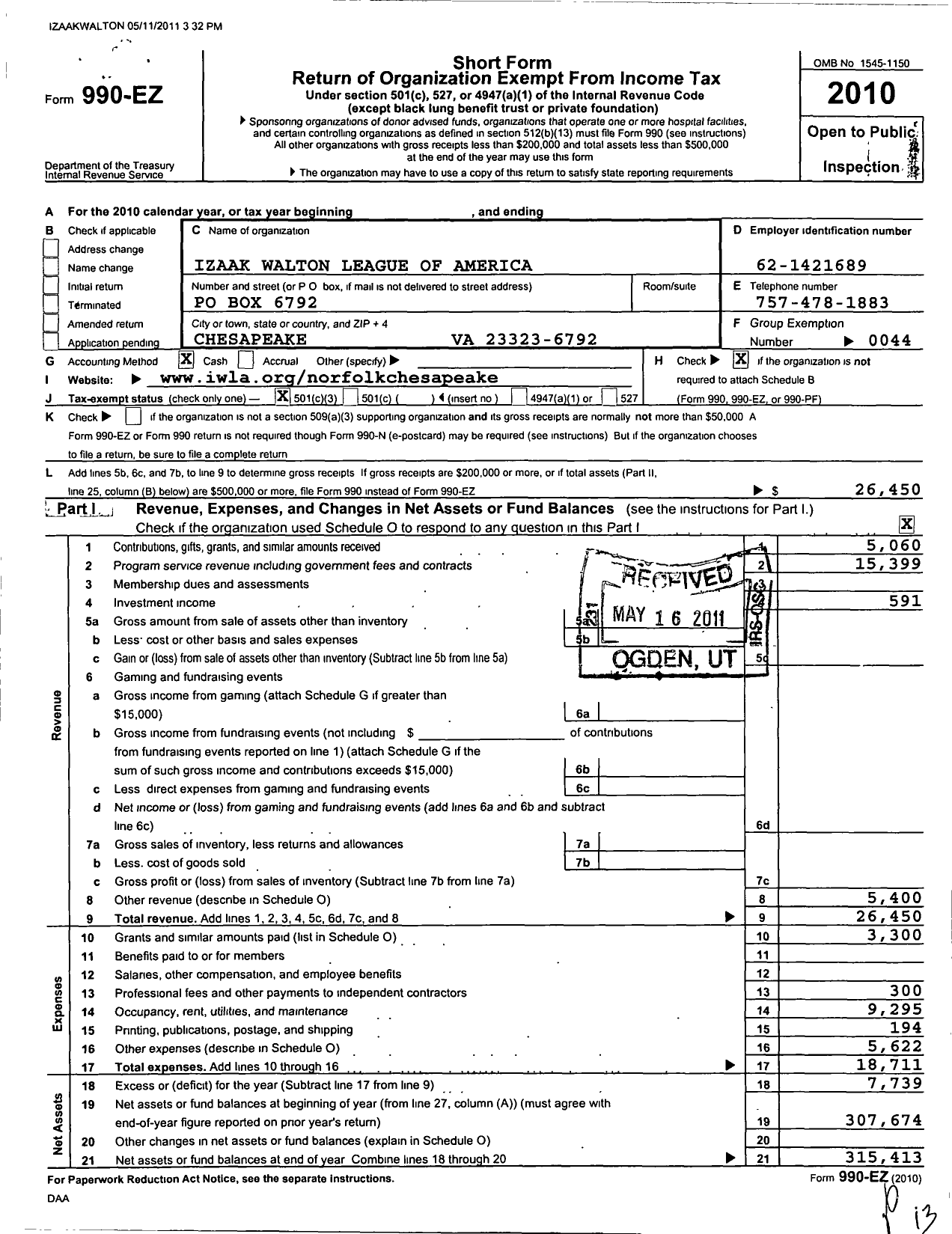 Image of first page of 2010 Form 990EZ for Izaak Walton League of America - 095 Norfolk Chesapeake Chapter