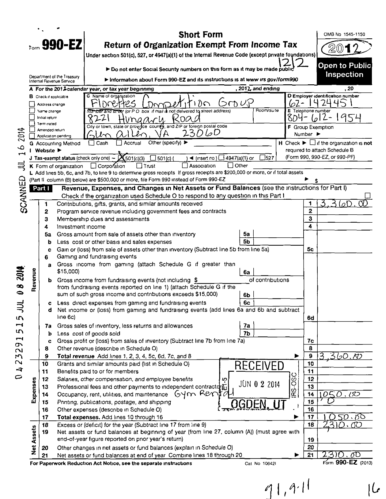 Image of first page of 2012 Form 990EZ for Florettes Competition Group