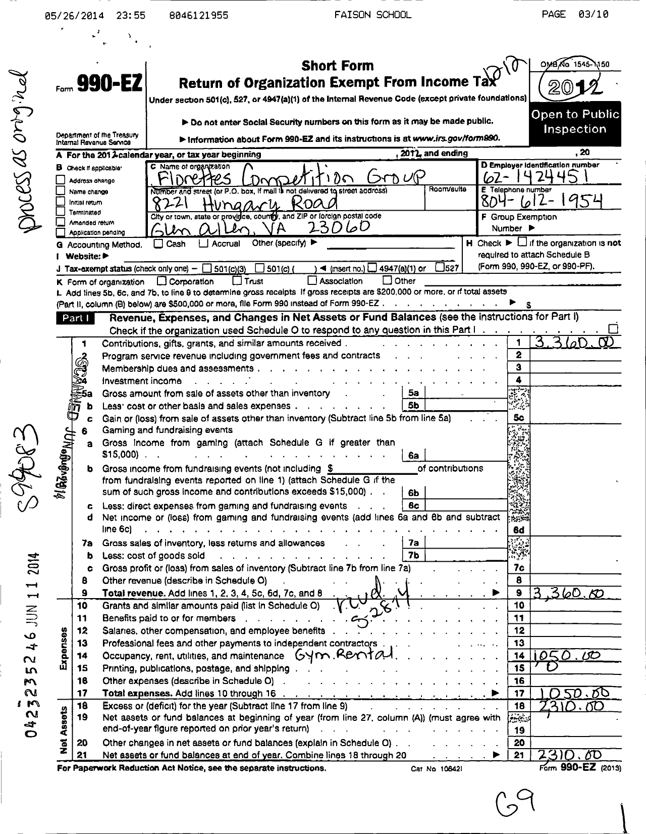 Image of first page of 2012 Form 990EO for Florettes Competition Group