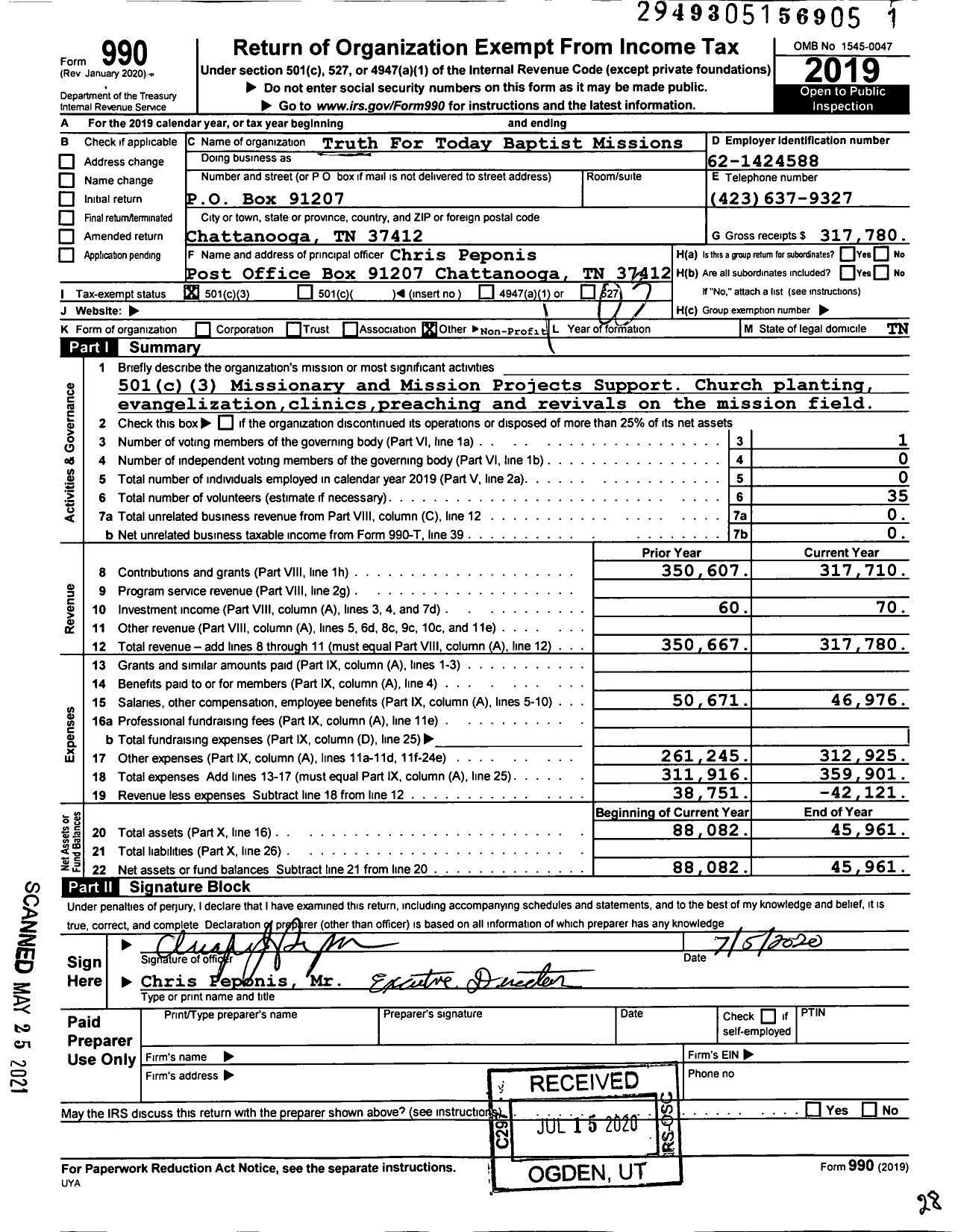 Image of first page of 2019 Form 990 for Truth For Today Baptist Missions