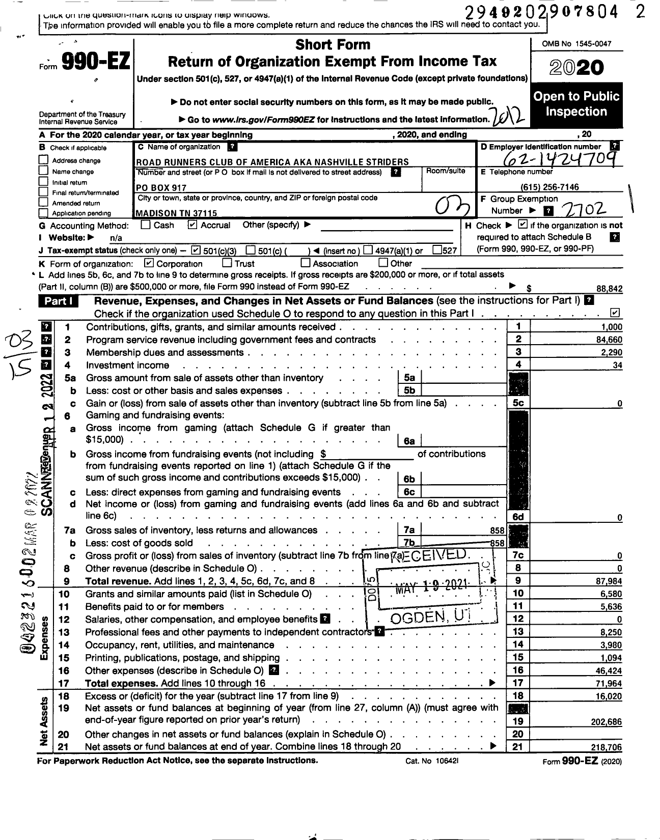 Image of first page of 2020 Form 990EZ for Road Runners Club of America Nashville Striders