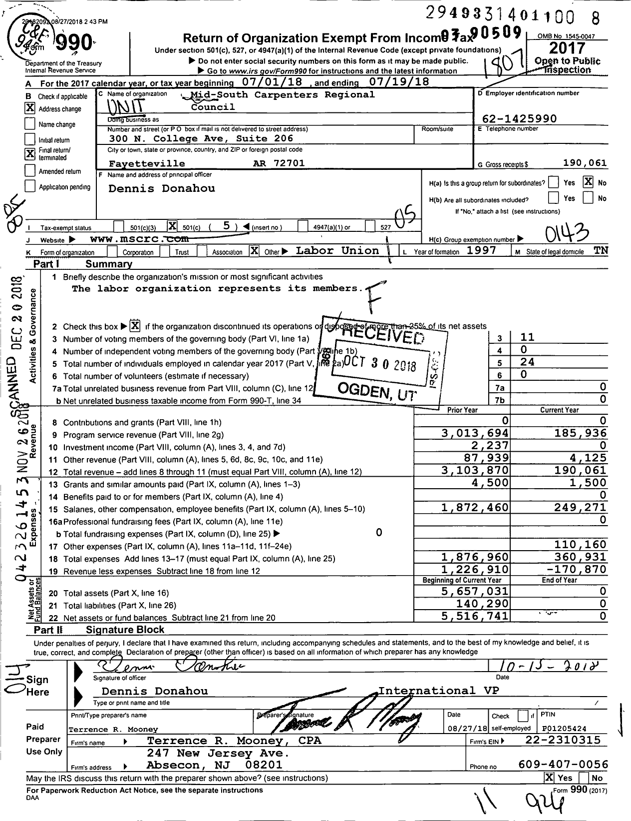 Image of first page of 2017 Form 990O for United Brotherhood of Carpenters & Joiners - 4036 Mid-South Carpenters