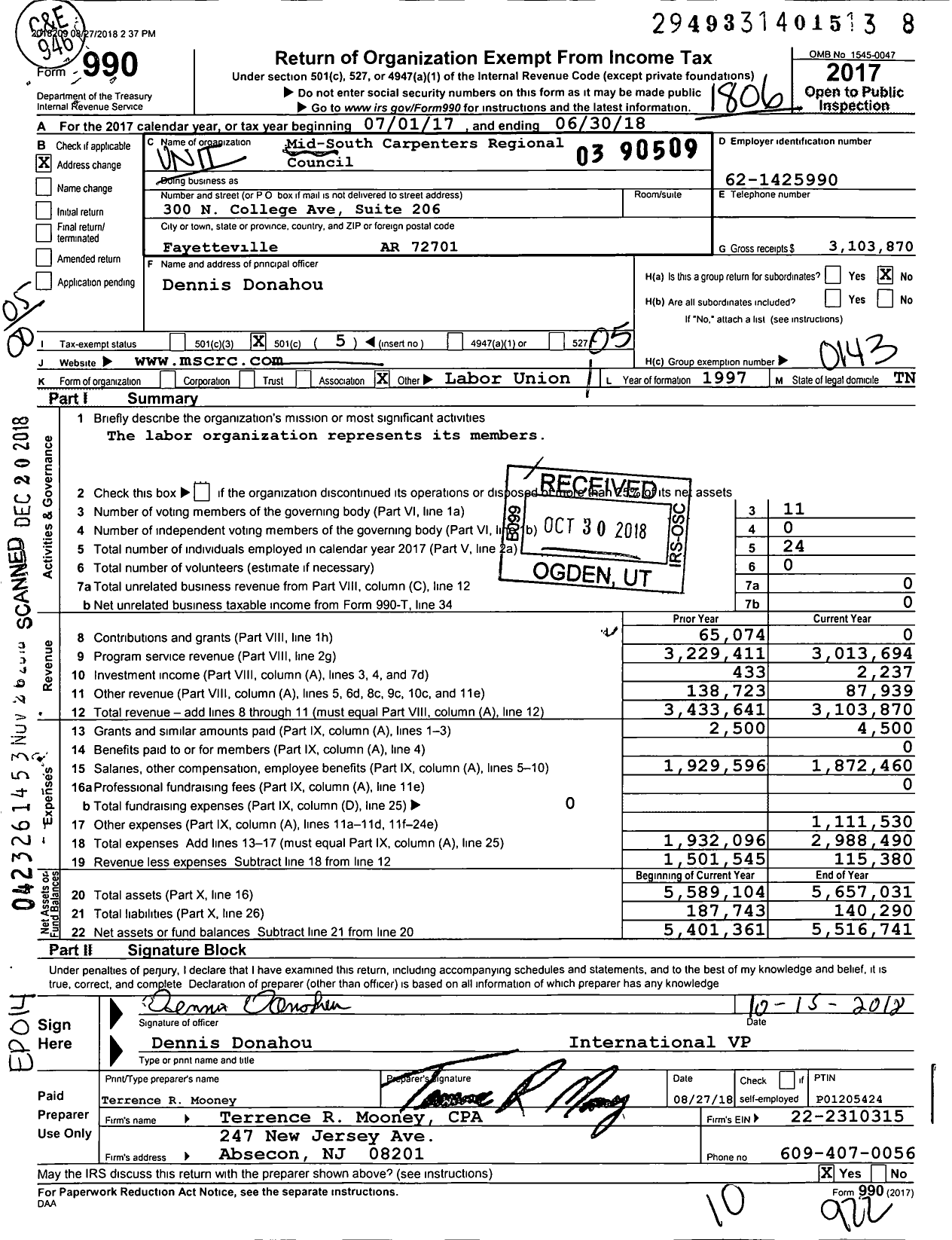 Image of first page of 2017 Form 990O for United Brotherhood of Carpenters & Joiners - 4036 Mid-South Carpenters