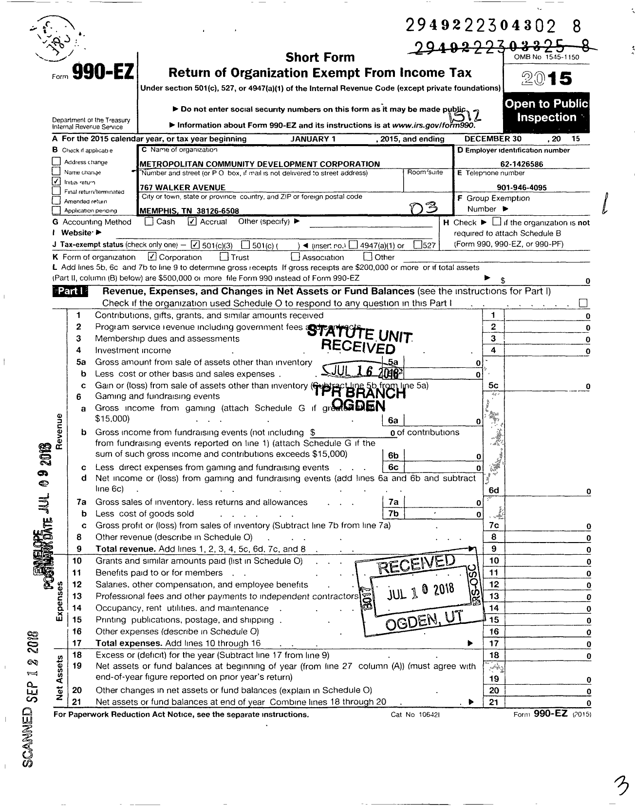 Image of first page of 2015 Form 990EZ for Metropolitan Community Development Corporation