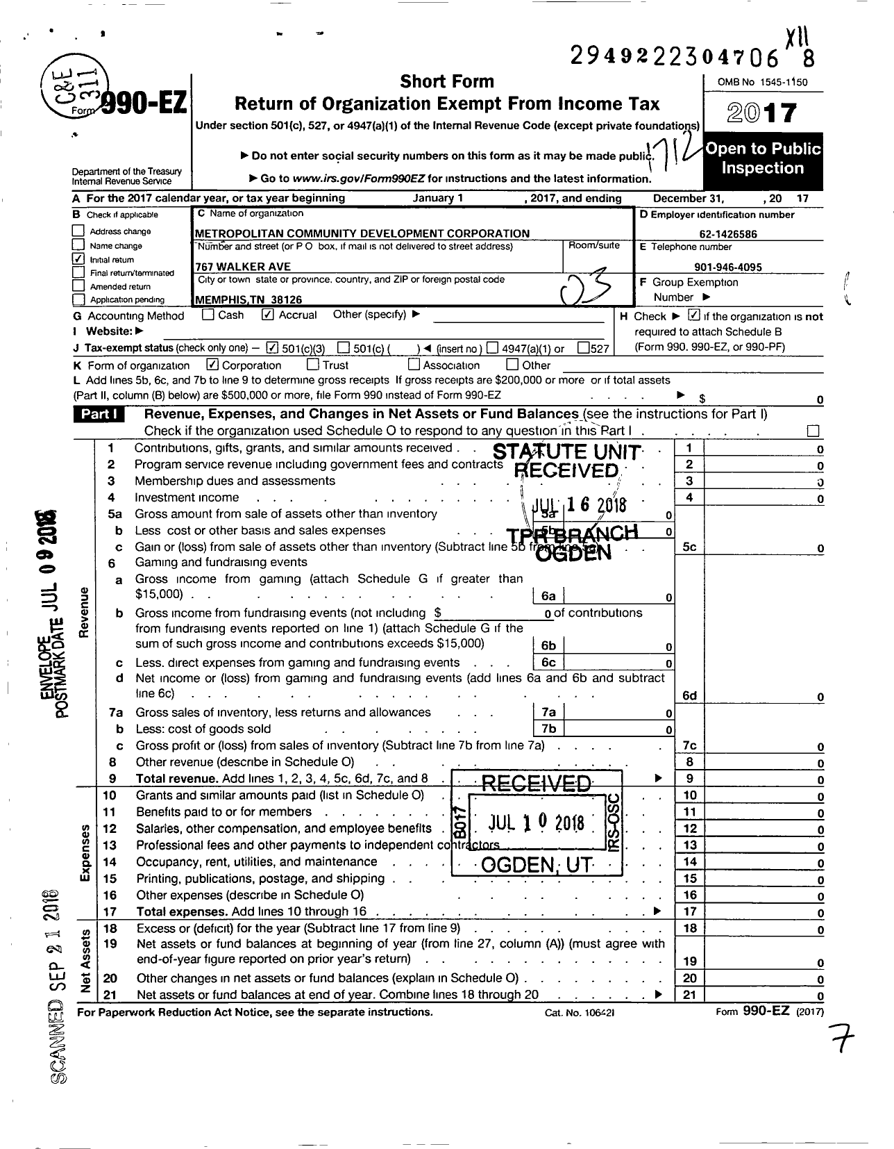 Image of first page of 2017 Form 990EZ for Metropolitan Community Development Corporation