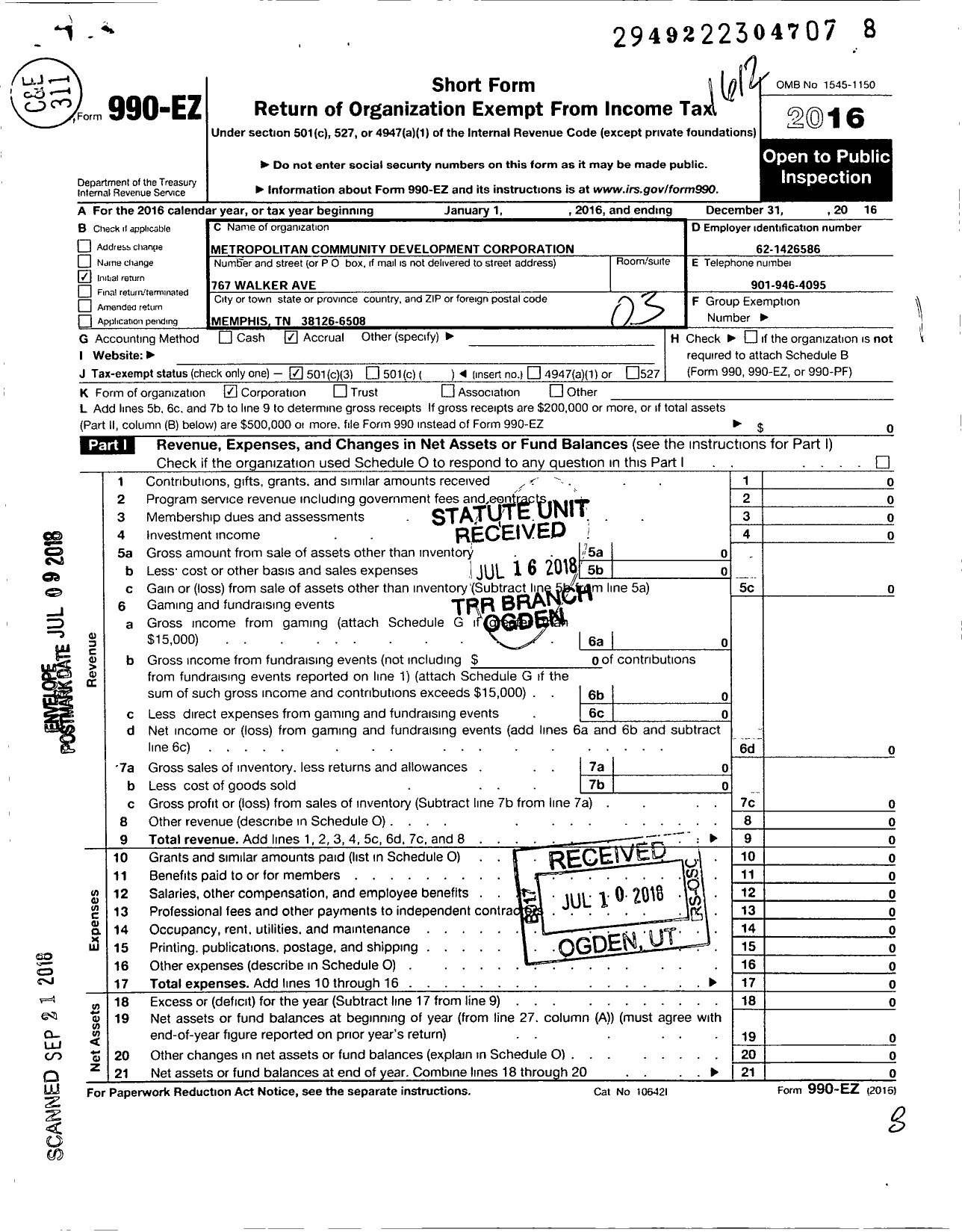 Image of first page of 2016 Form 990EZ for Metropolitan Community Development Corporation