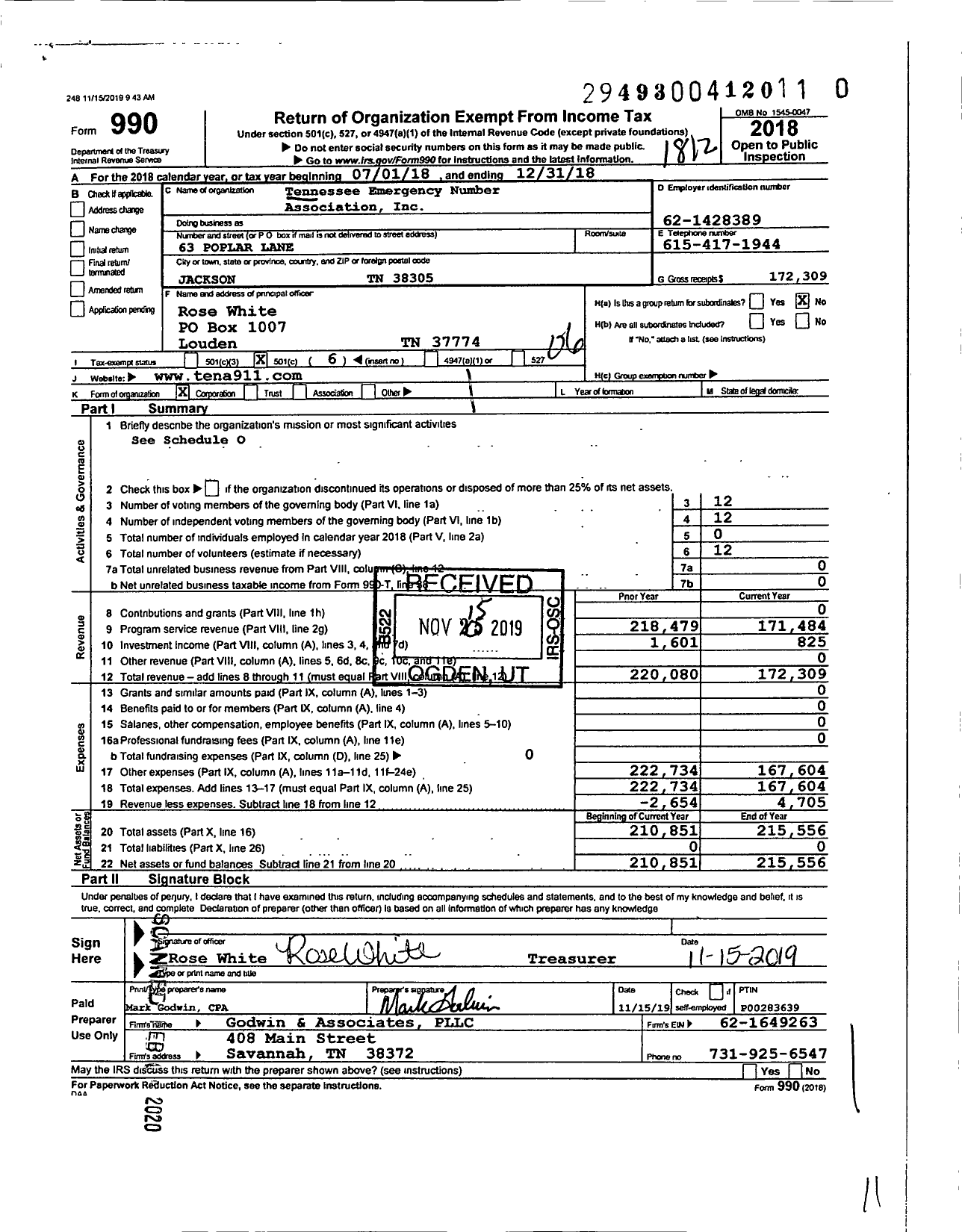 Image of first page of 2018 Form 990O for Tennessee Emergency Number Association