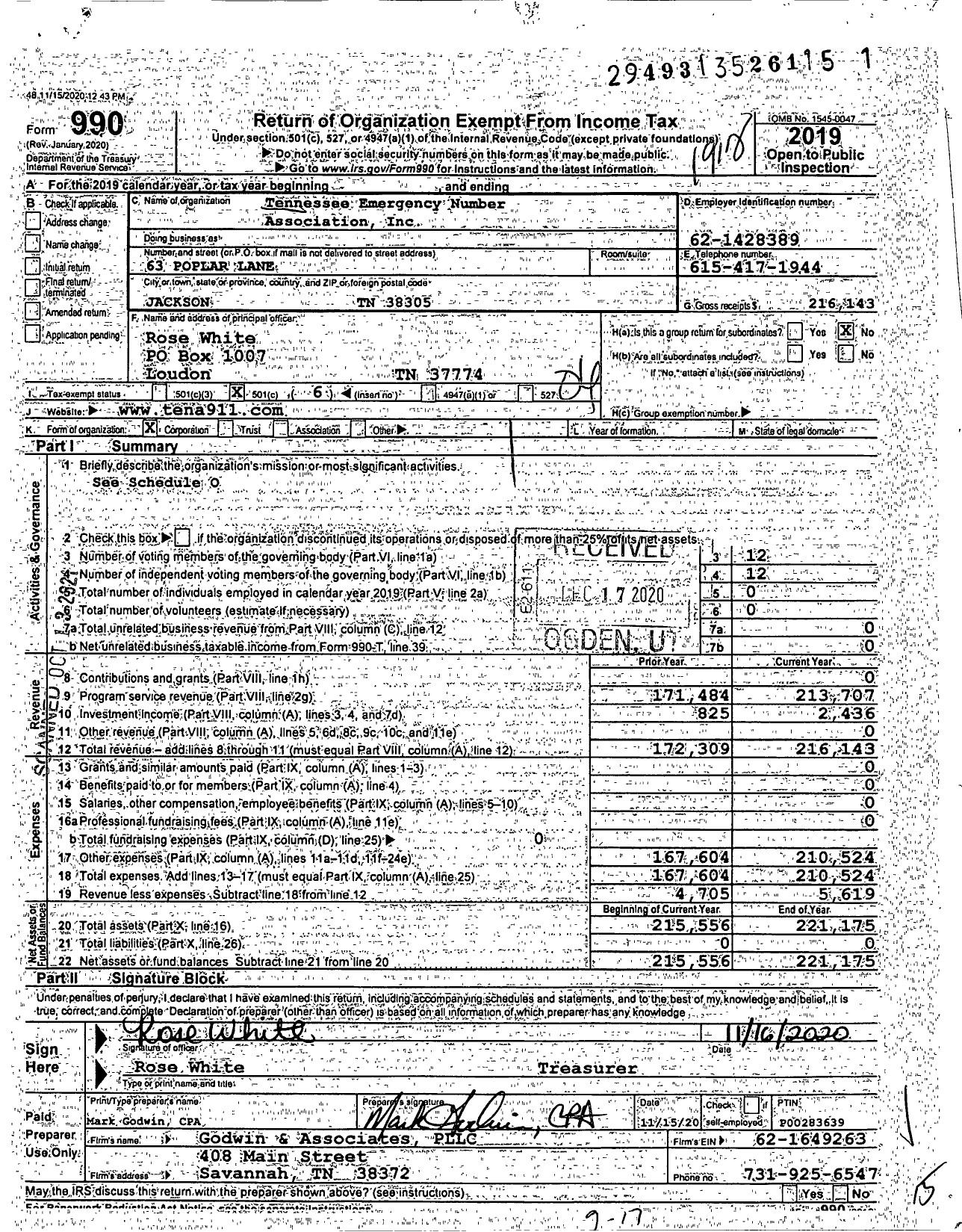 Image of first page of 2019 Form 990O for Tennessee Emergency Number Association